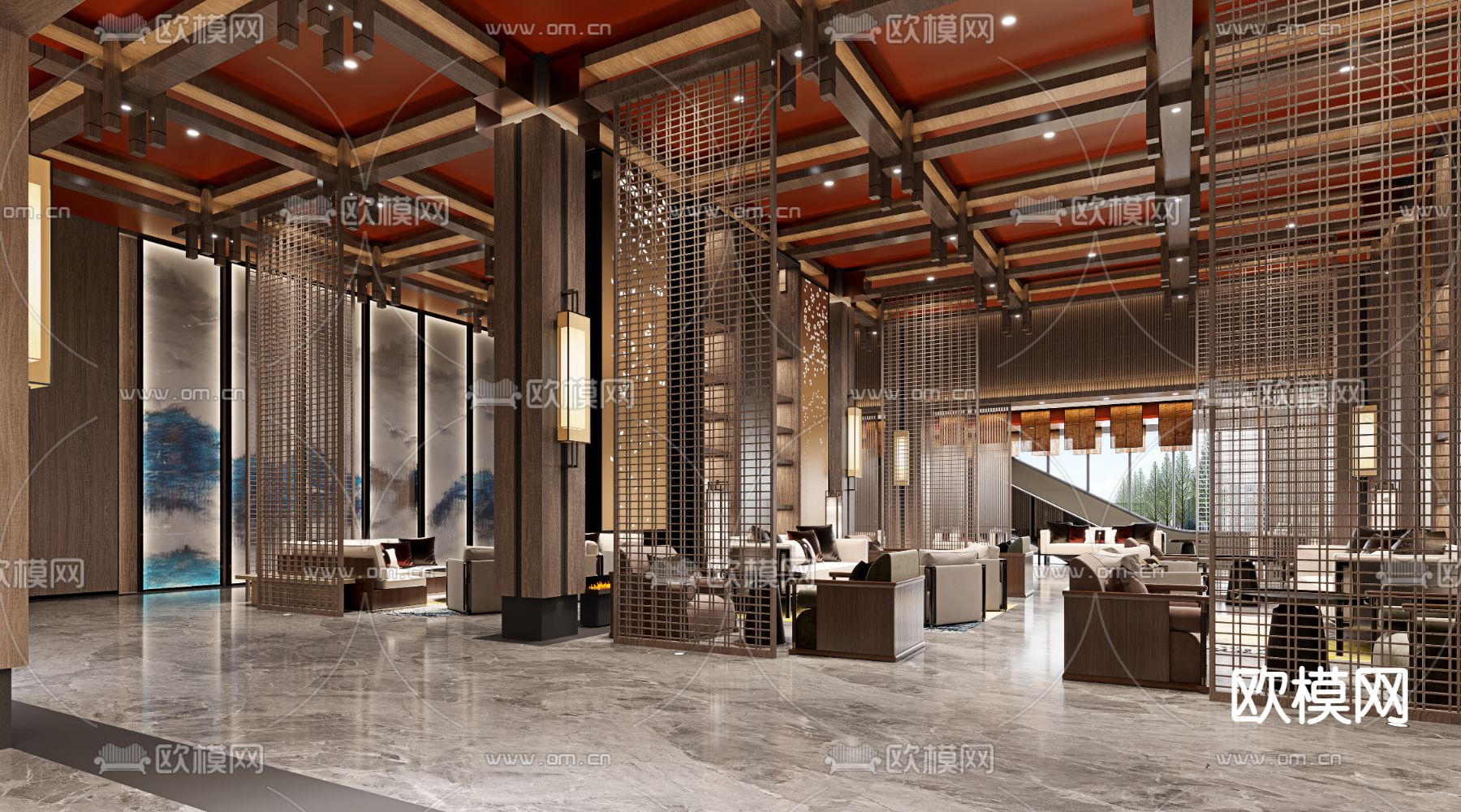 新中式酒店大堂3d模型下载（渲染图2）