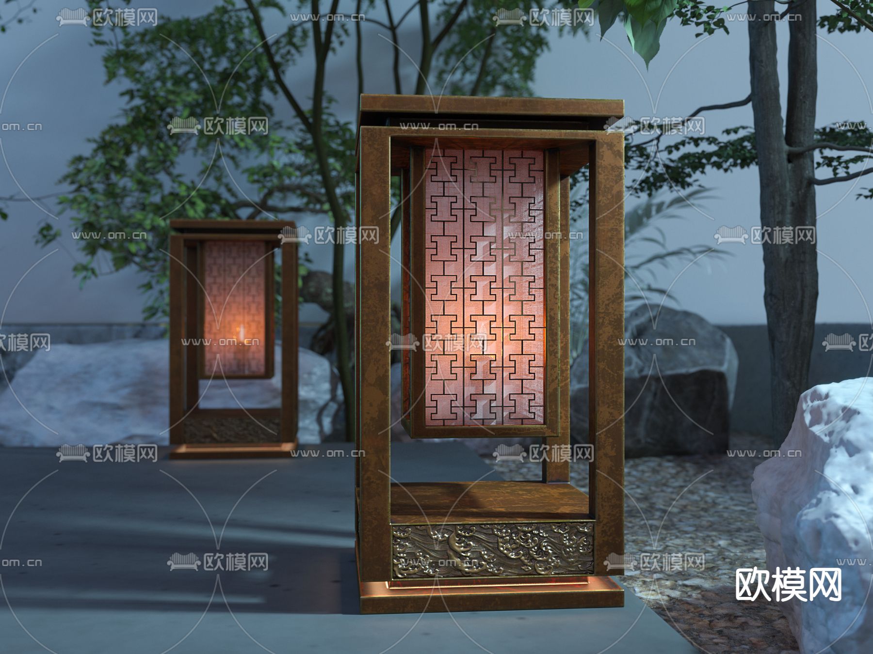 新中式实木草坪灯3d模型下载（渲染图1）