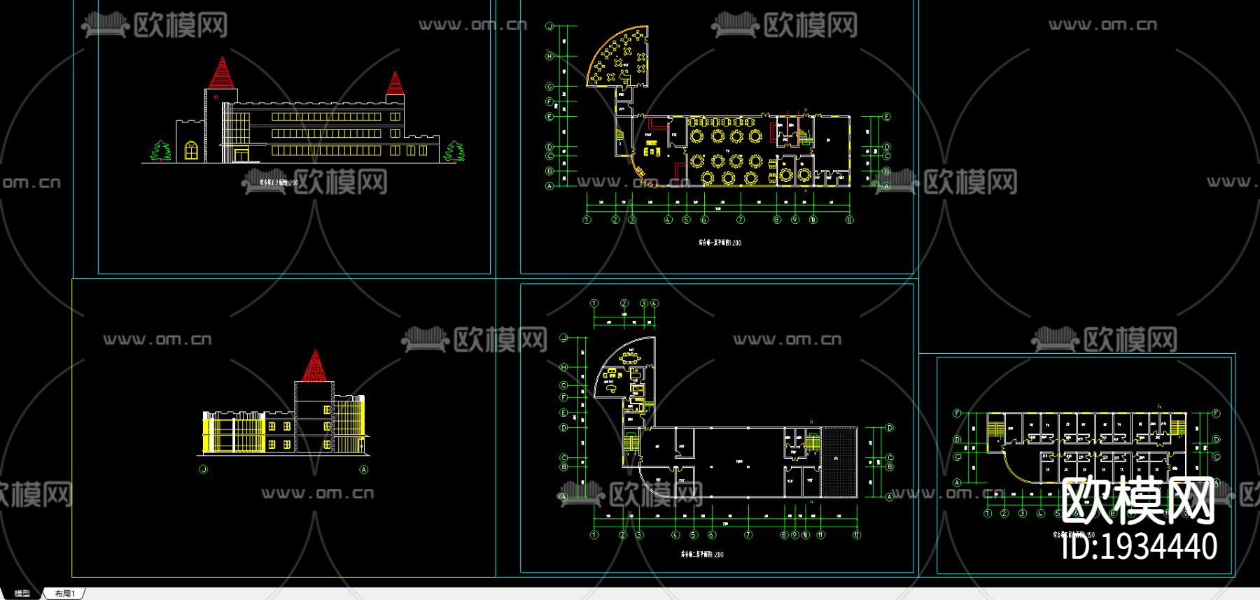 度假村综合楼cad施工图下载（渲染图1）