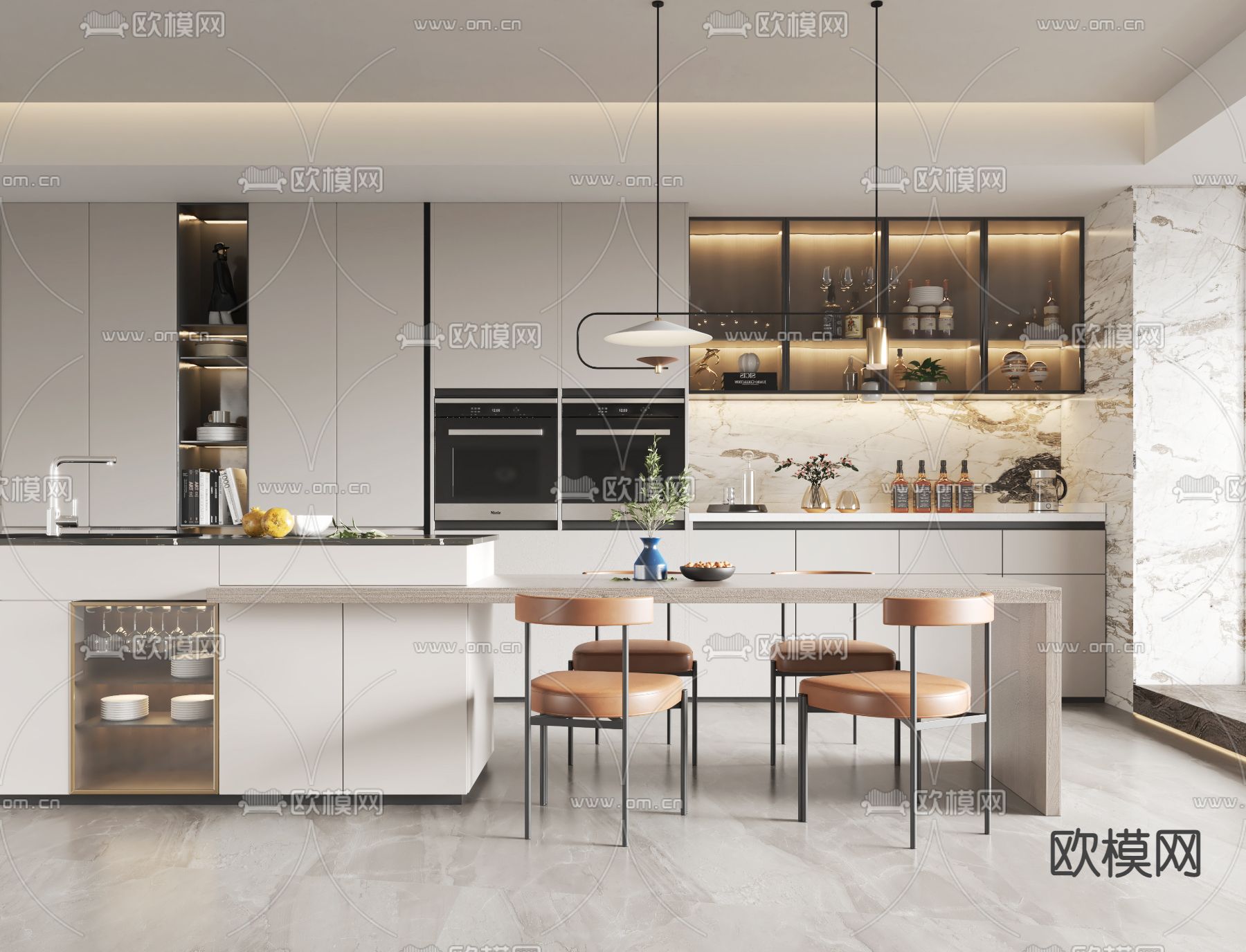 现代中岛餐厅su模型下载（渲染图1）