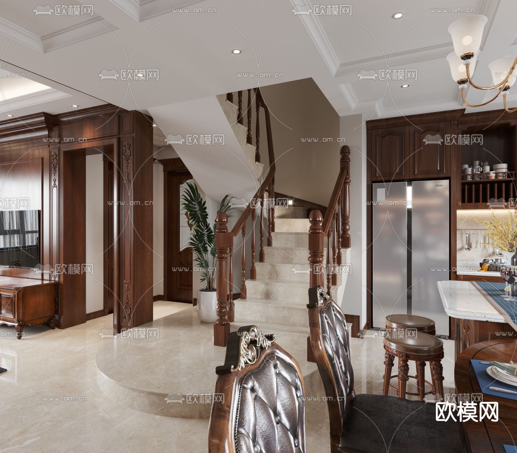 欧式轻奢客厅餐厅3d模型下载（渲染图3）