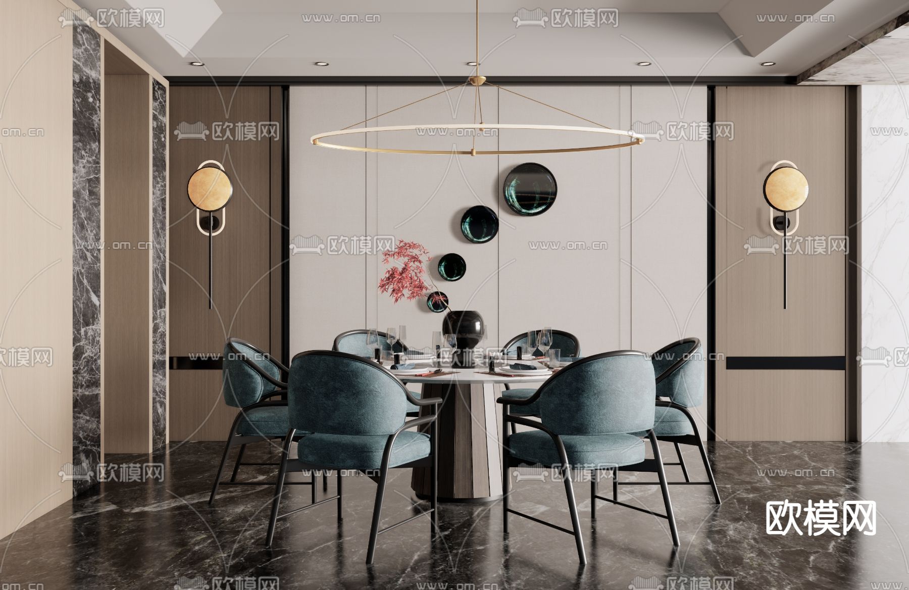 新中式圆形餐桌椅su模型下载（渲染图1）