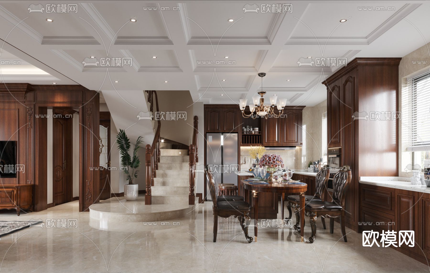 欧式轻奢客厅餐厅3d模型下载（渲染图4）