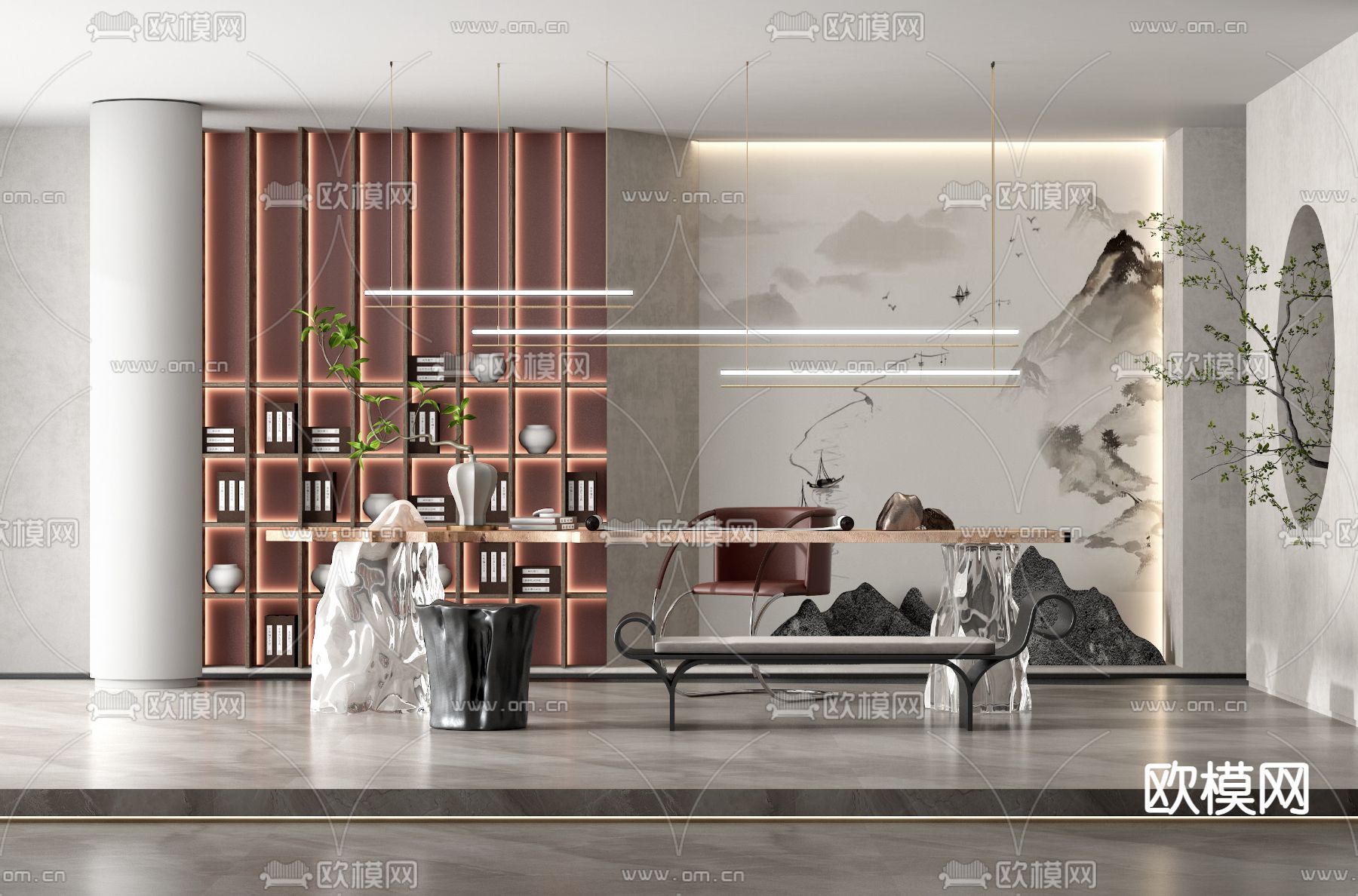 新中式书桌椅su模型下载（渲染图1）