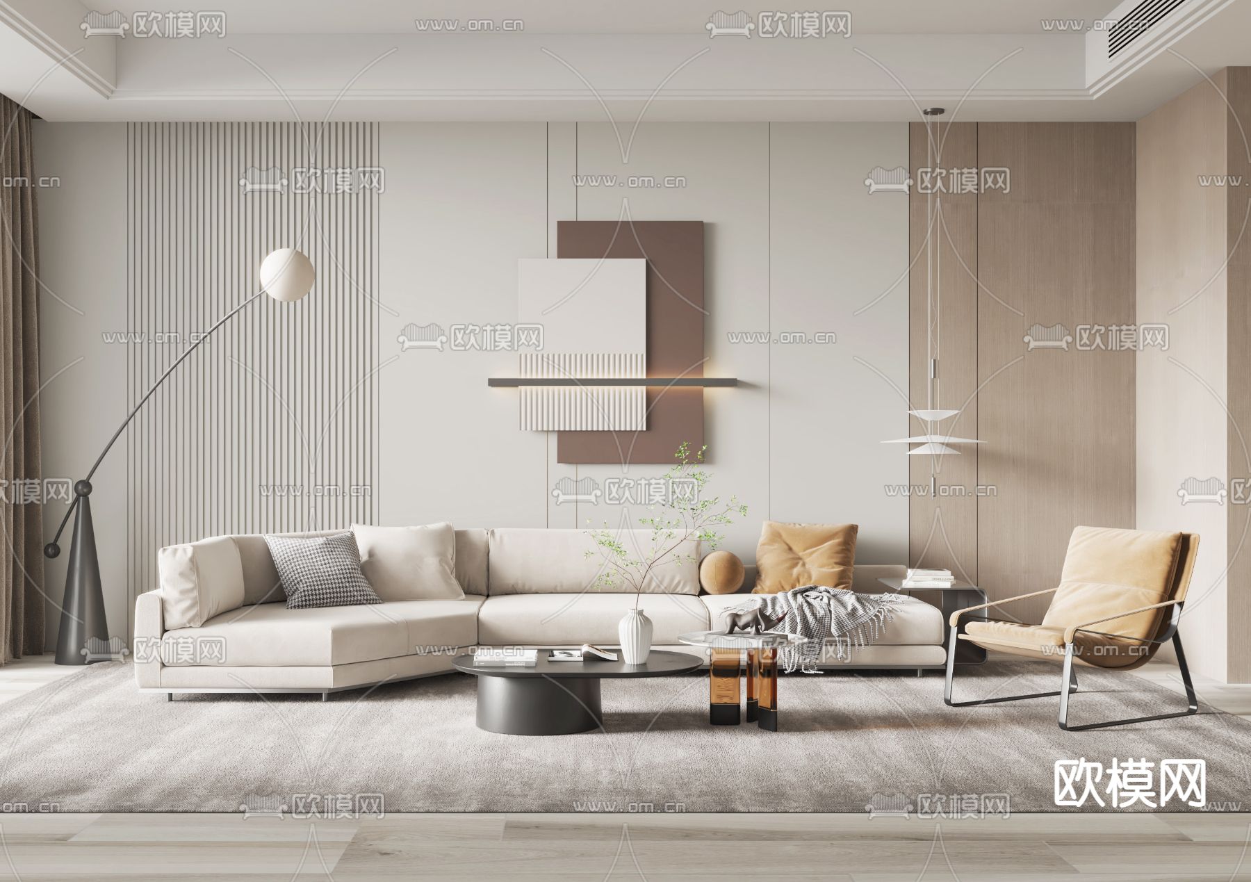 现代布艺沙发组合su模型下载（渲染图1）