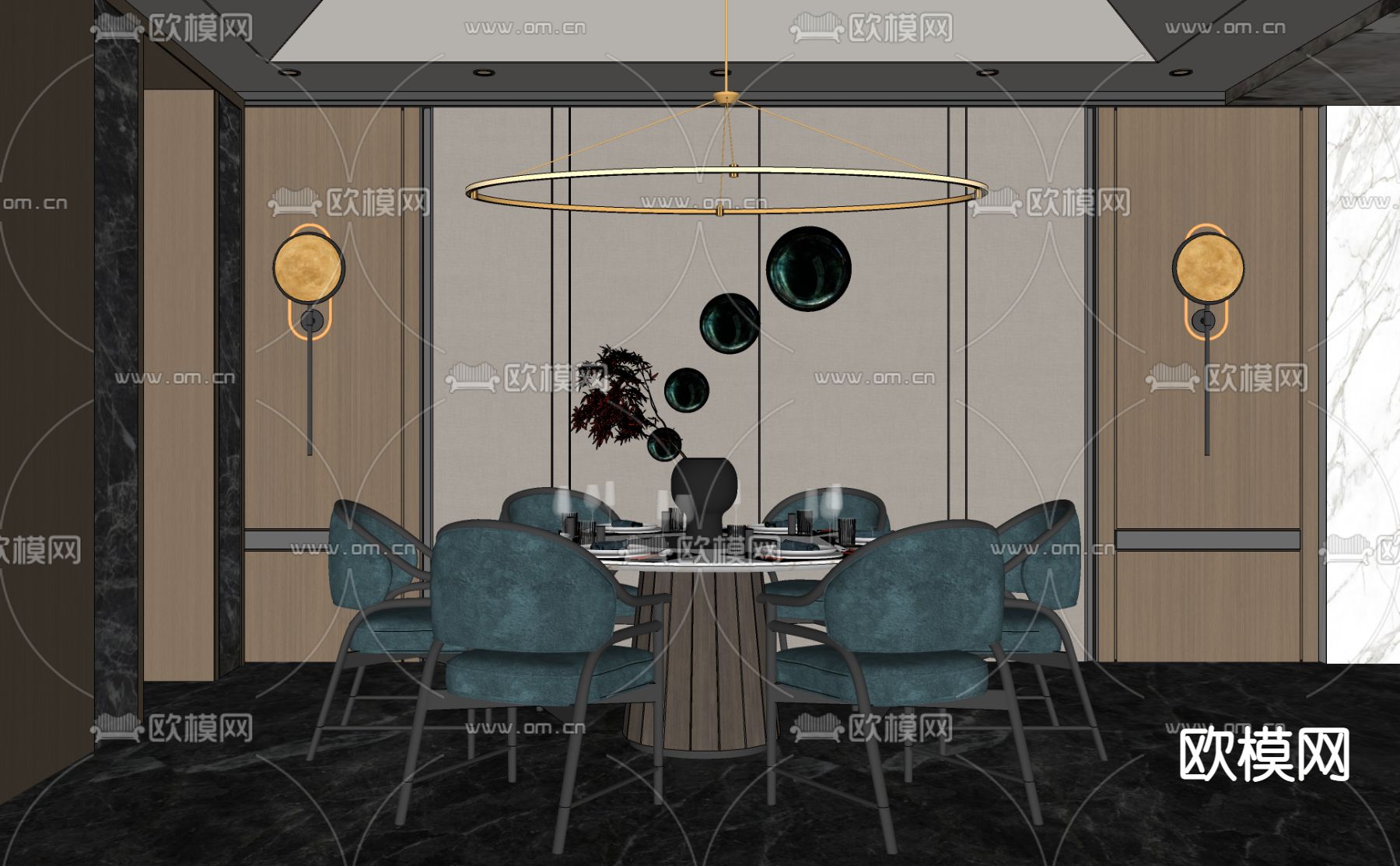 新中式圆形餐桌椅su模型下载（渲染图2）