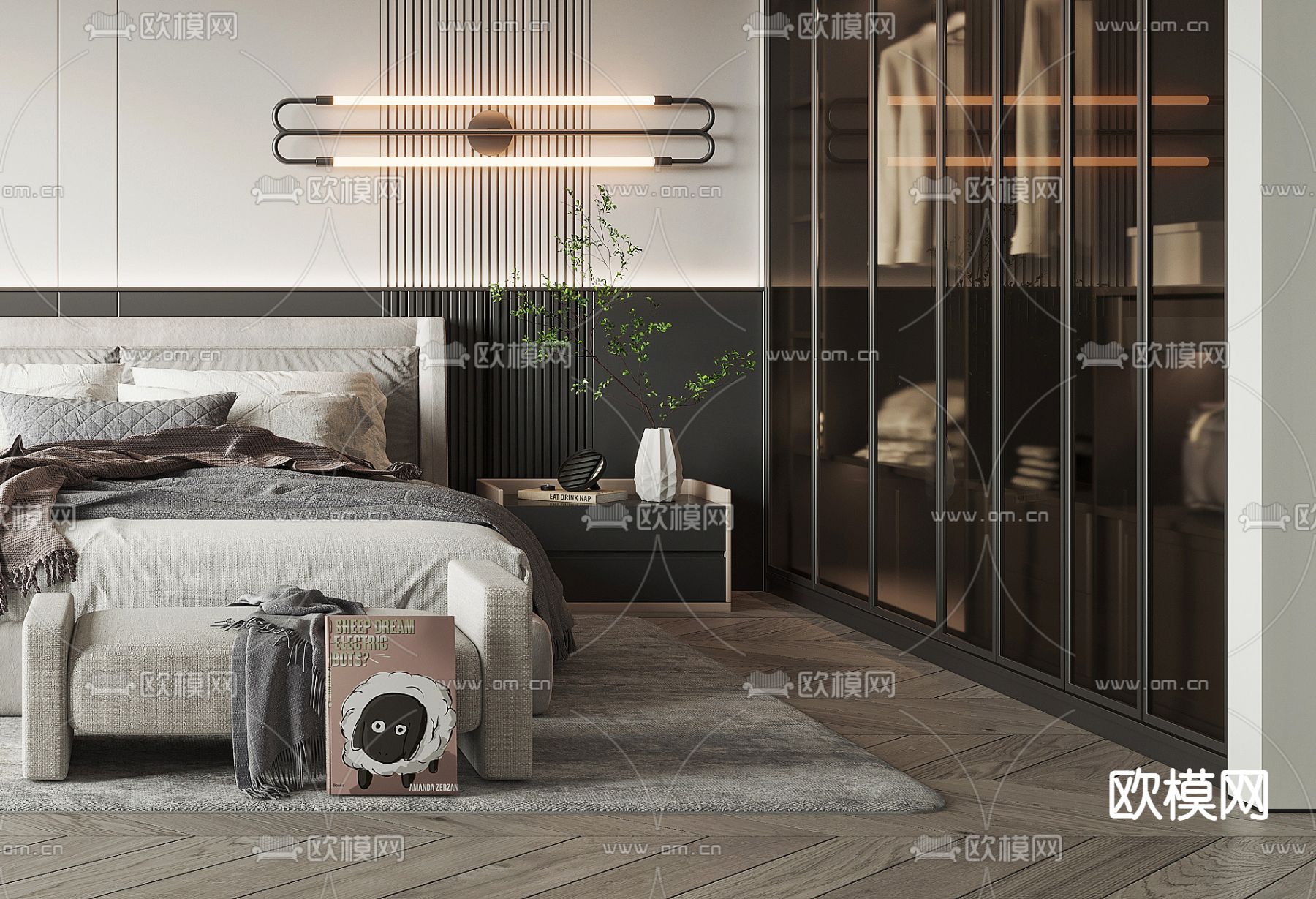 现代高级灰卧室3d模型下载（渲染图2）