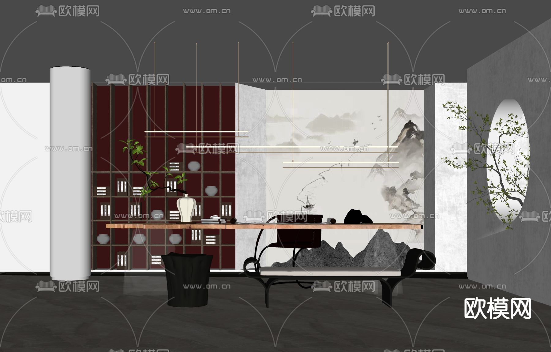 新中式书桌椅su模型下载（渲染图2）