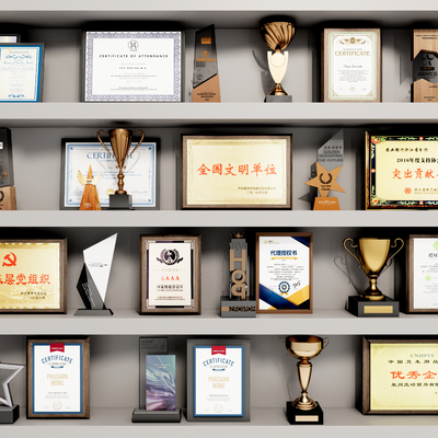  现代奖杯奖牌奖状荣誉证书su模型 