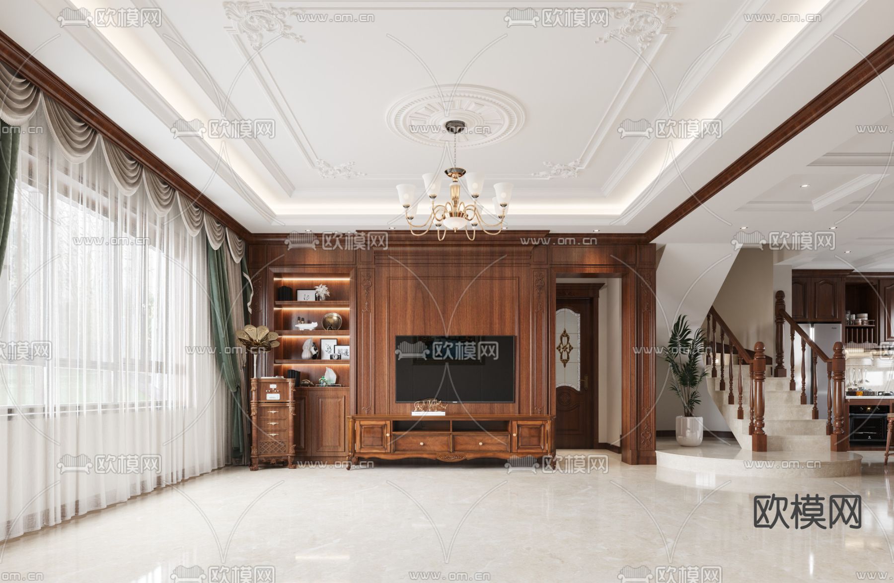 欧式轻奢客厅餐厅3d模型下载（渲染图2）