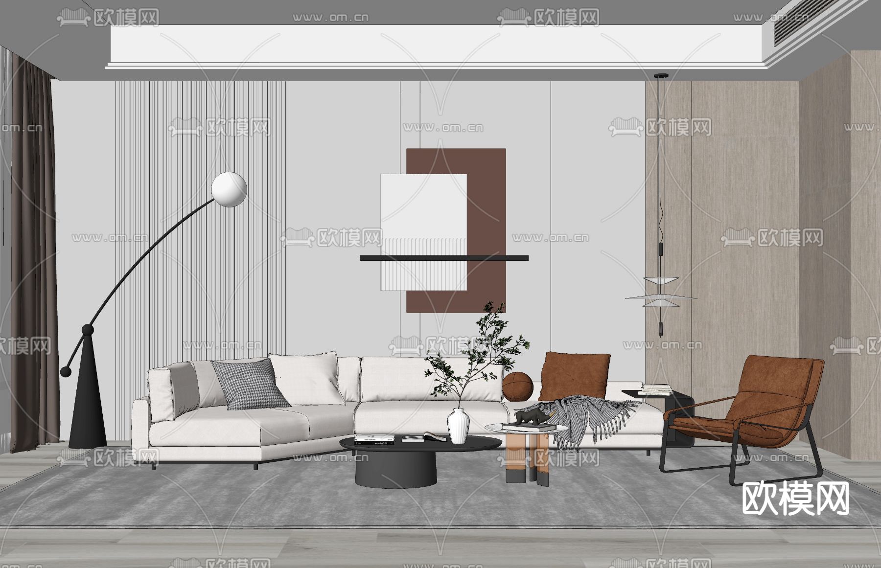 现代布艺沙发组合su模型下载（渲染图2）