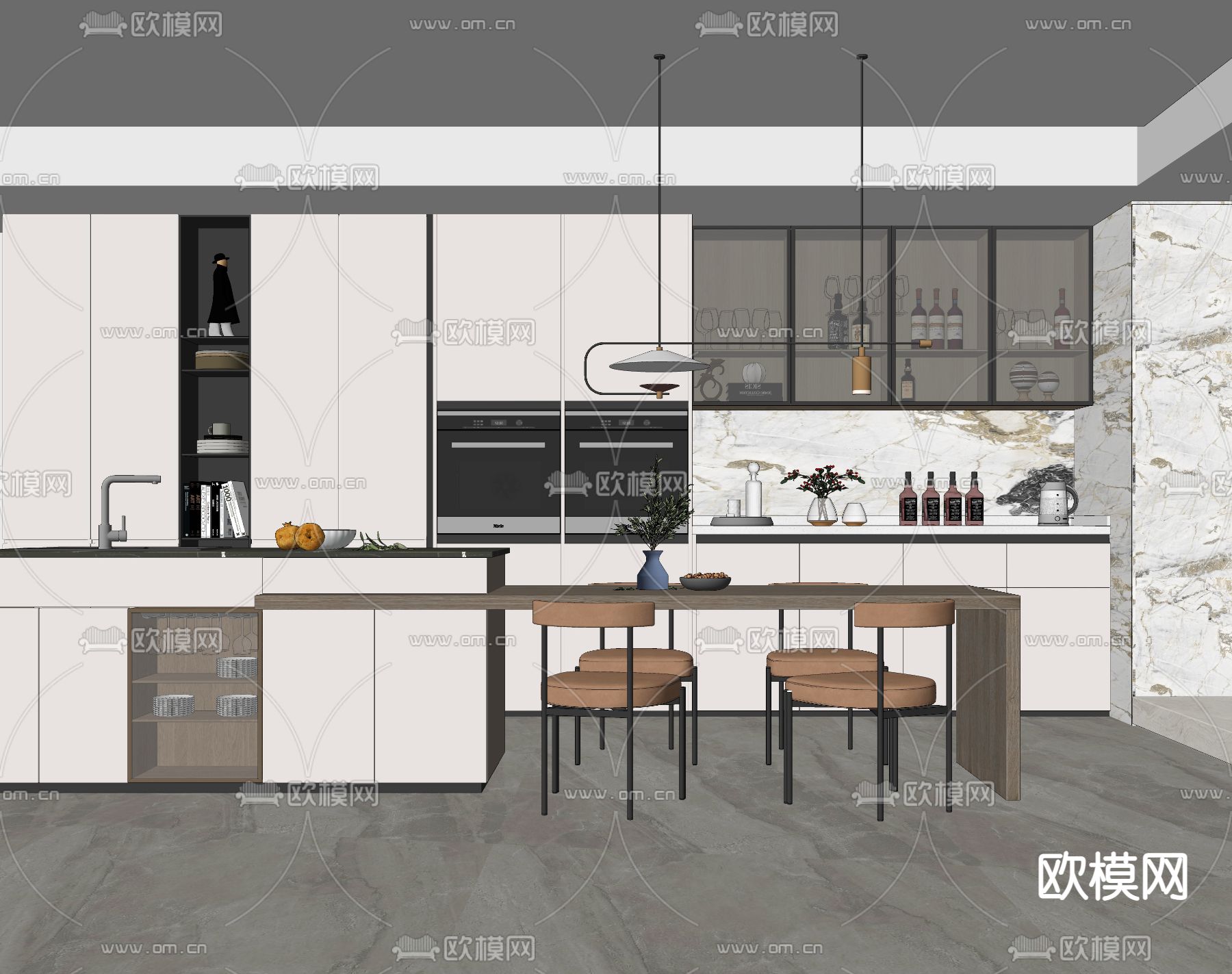 现代中岛餐厅su模型下载（渲染图2）