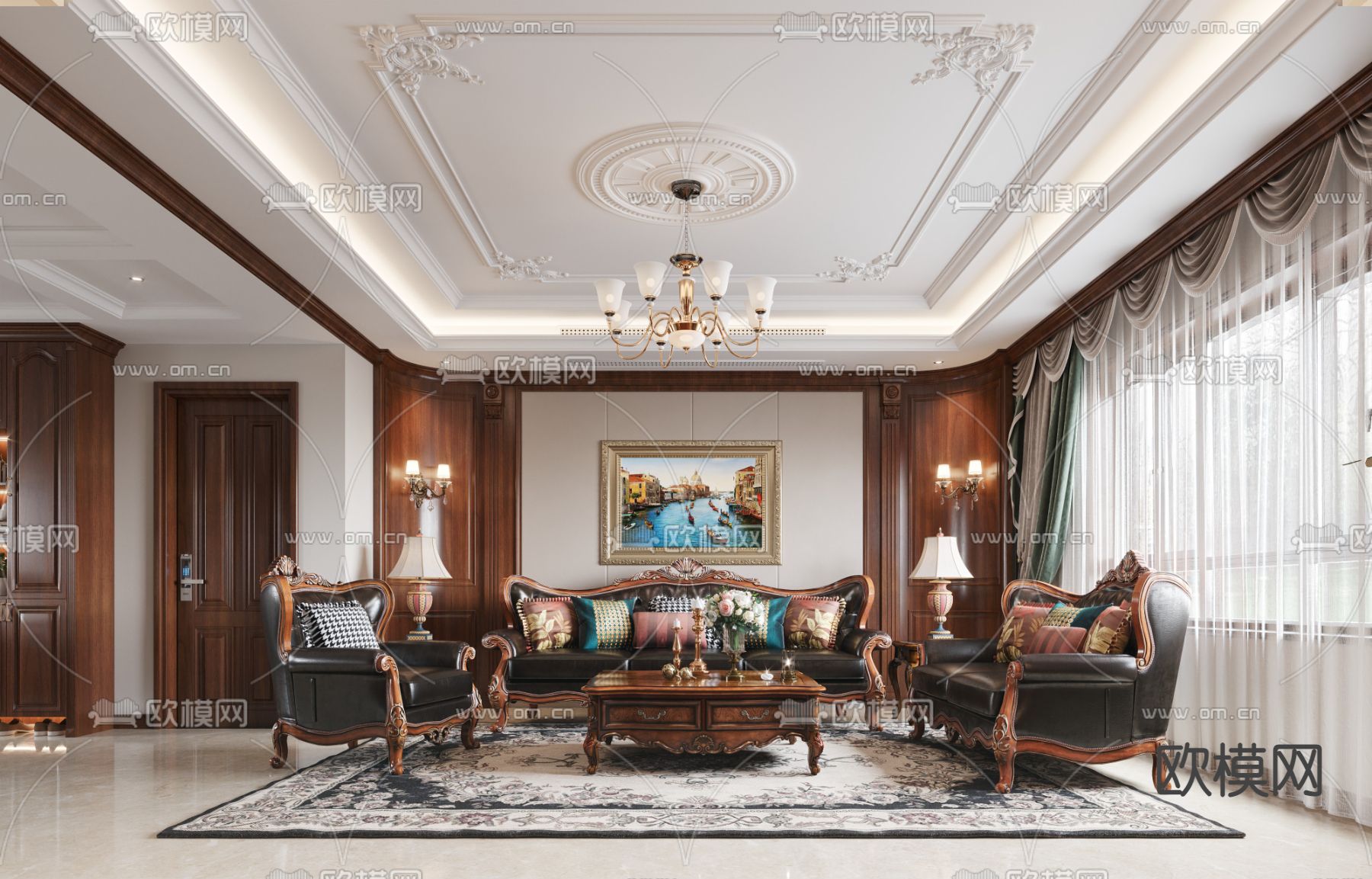 欧式轻奢客厅餐厅3d模型下载（渲染图1）