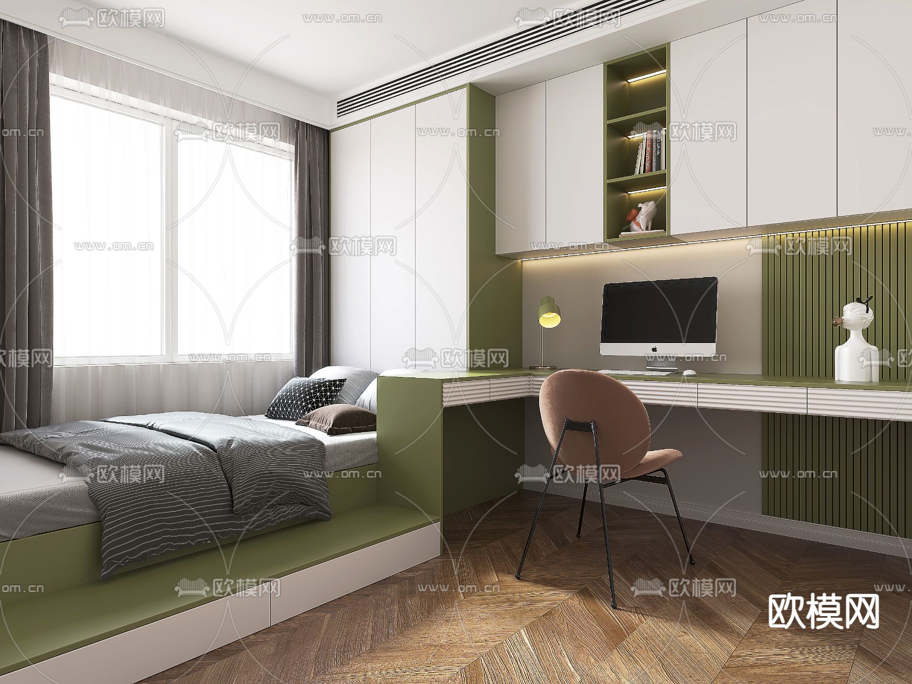 现代榻榻米卧室免费3d模型下载（渲染图2）