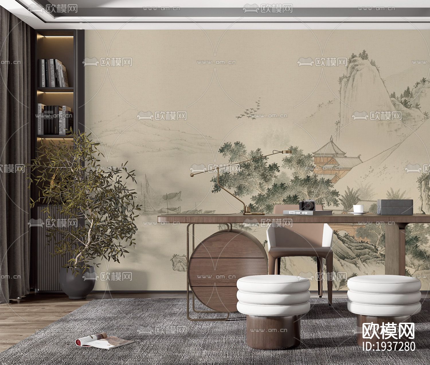 新中式精雕立体墙纸下载（渲染图6）