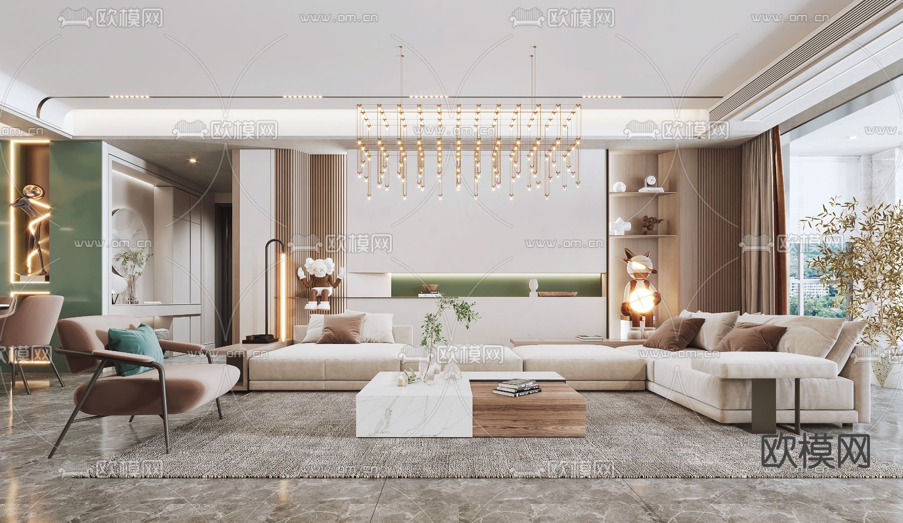 现代客厅餐厅3d模型下载（渲染图1）