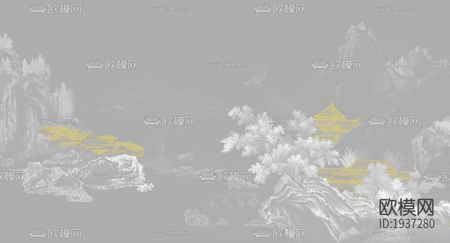 新中式精雕立体墙纸下载（渲染图2）