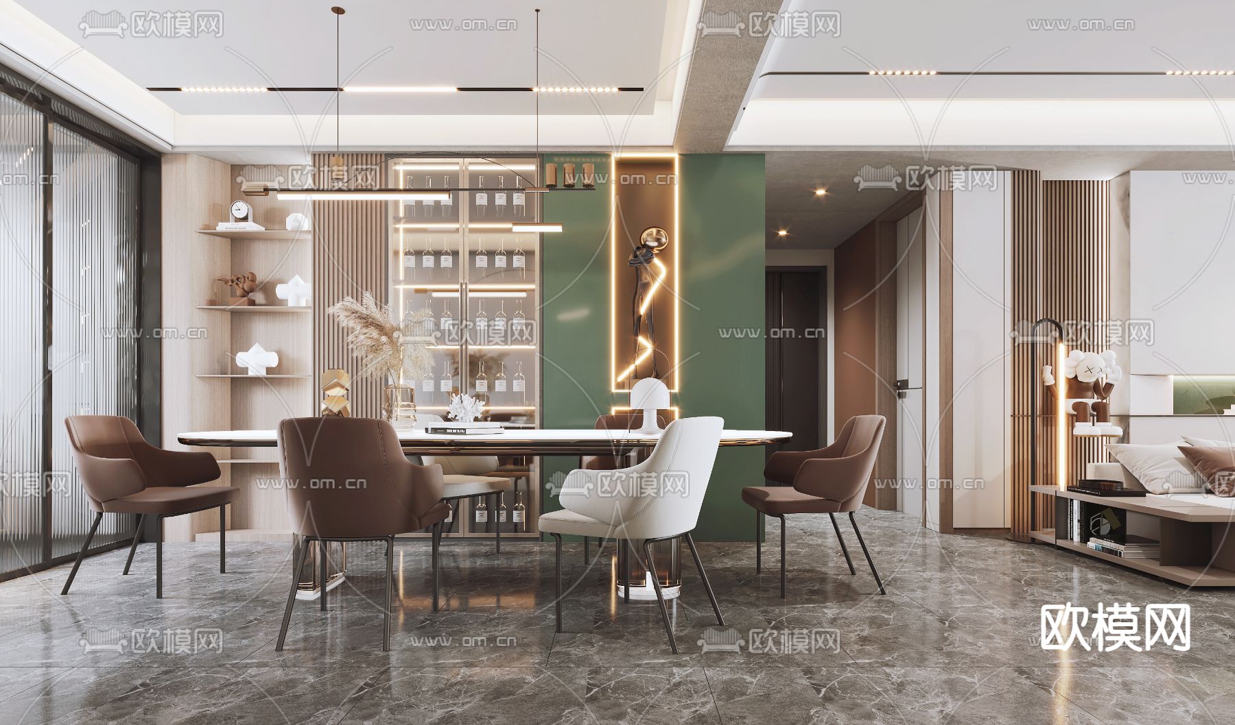 现代客厅餐厅3d模型下载（渲染图4）