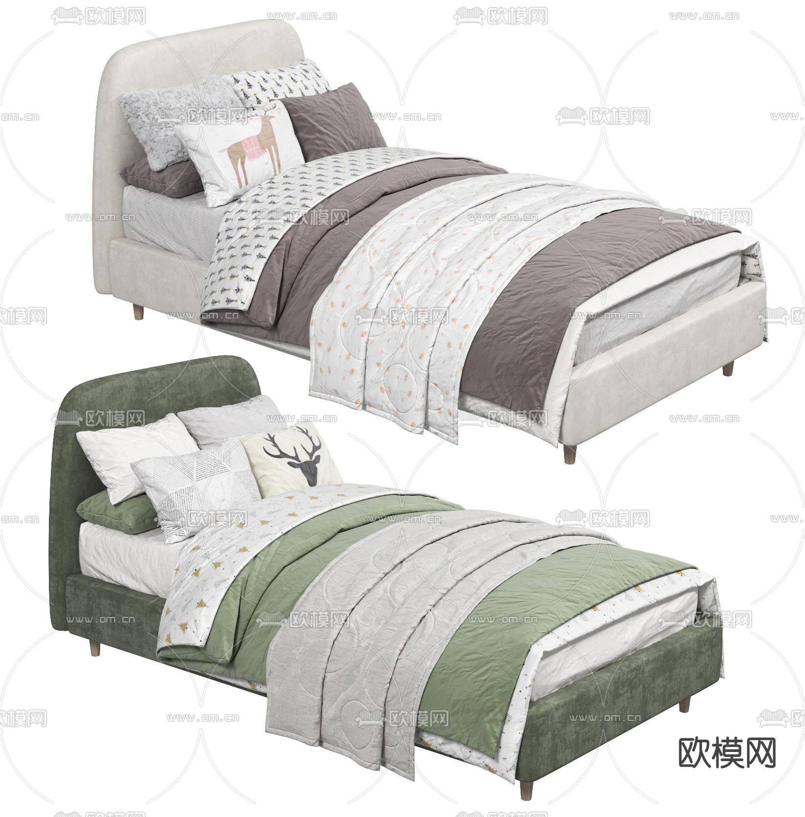 现代布艺单人床3d模型下载（渲染图1）