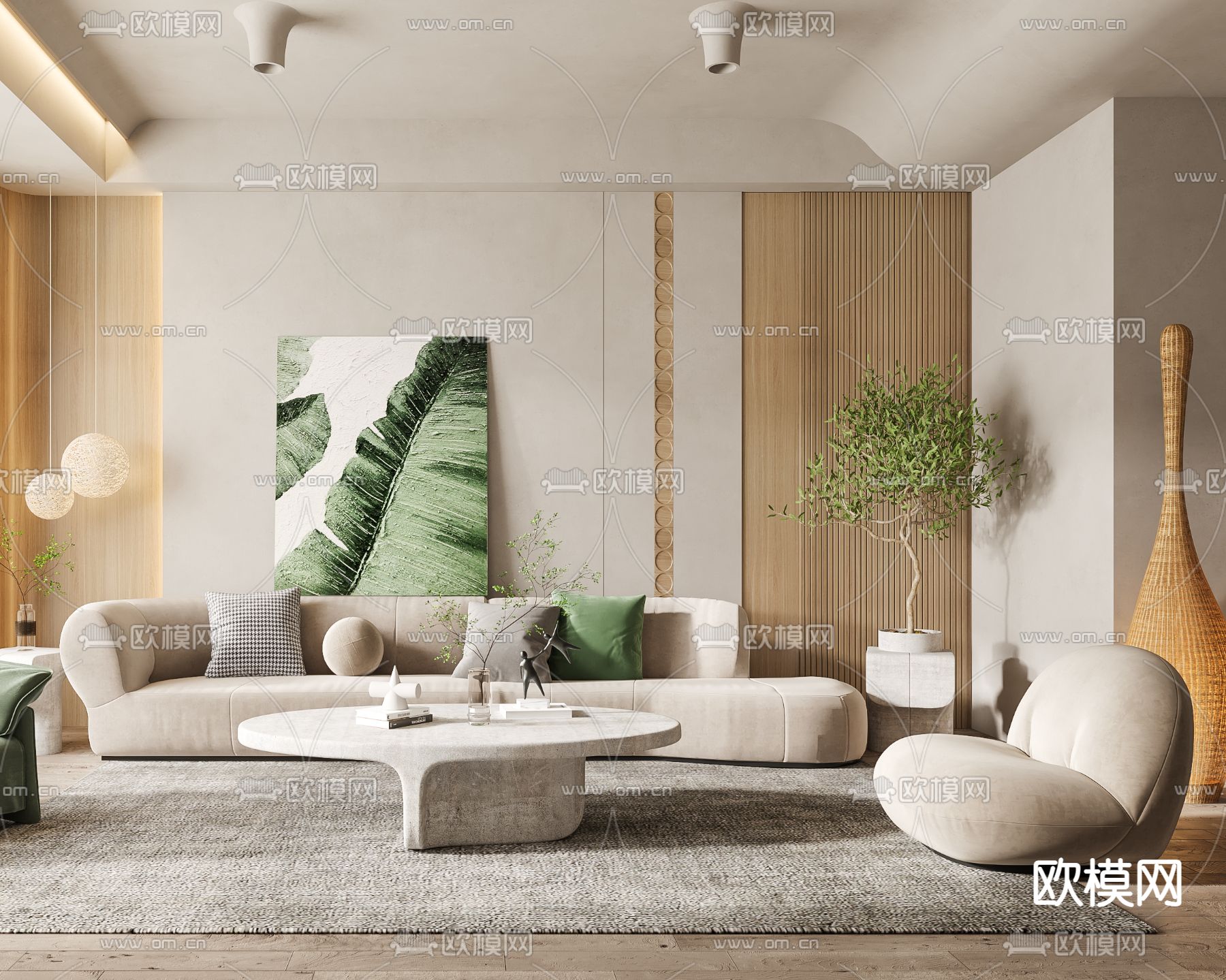 侘寂布艺组合沙发3d模型下载（渲染图3）