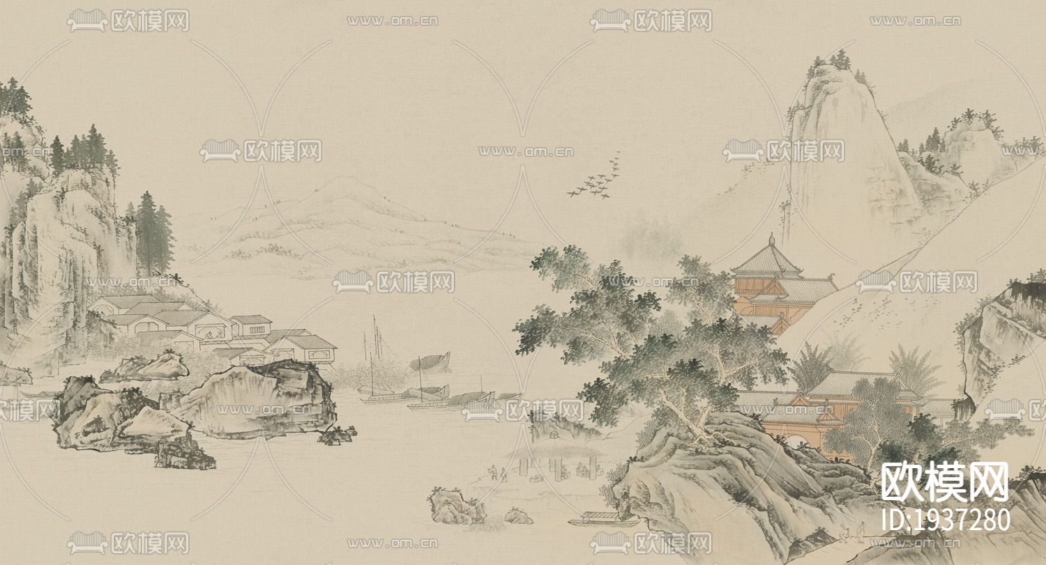 新中式精雕立体墙纸下载（渲染图1）