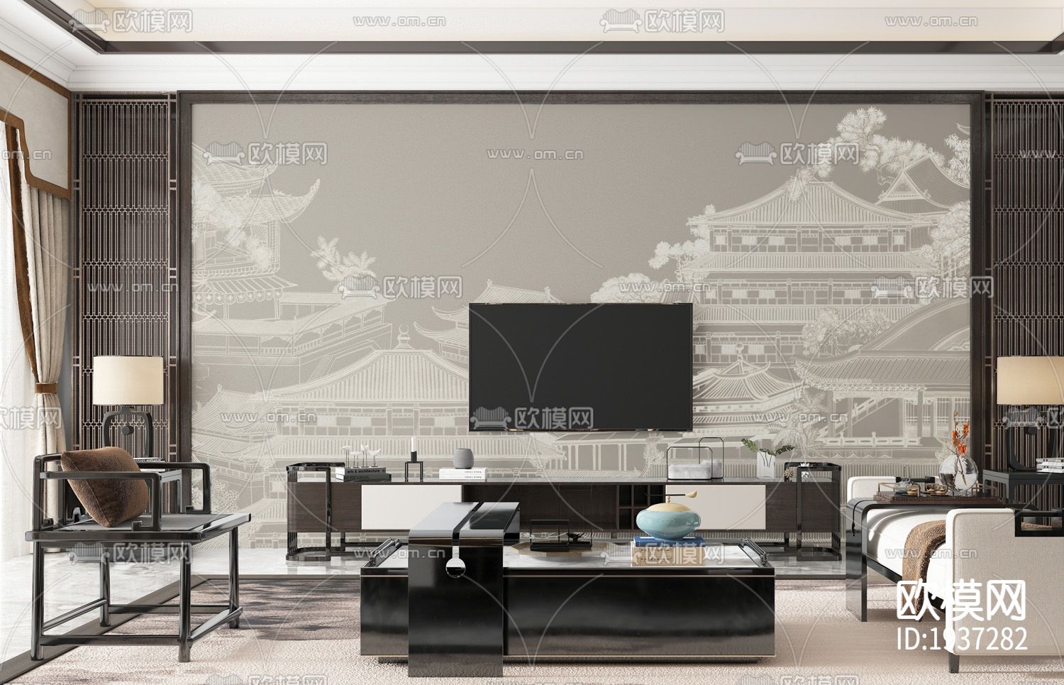 新中式精雕立体墙纸下载（渲染图5）