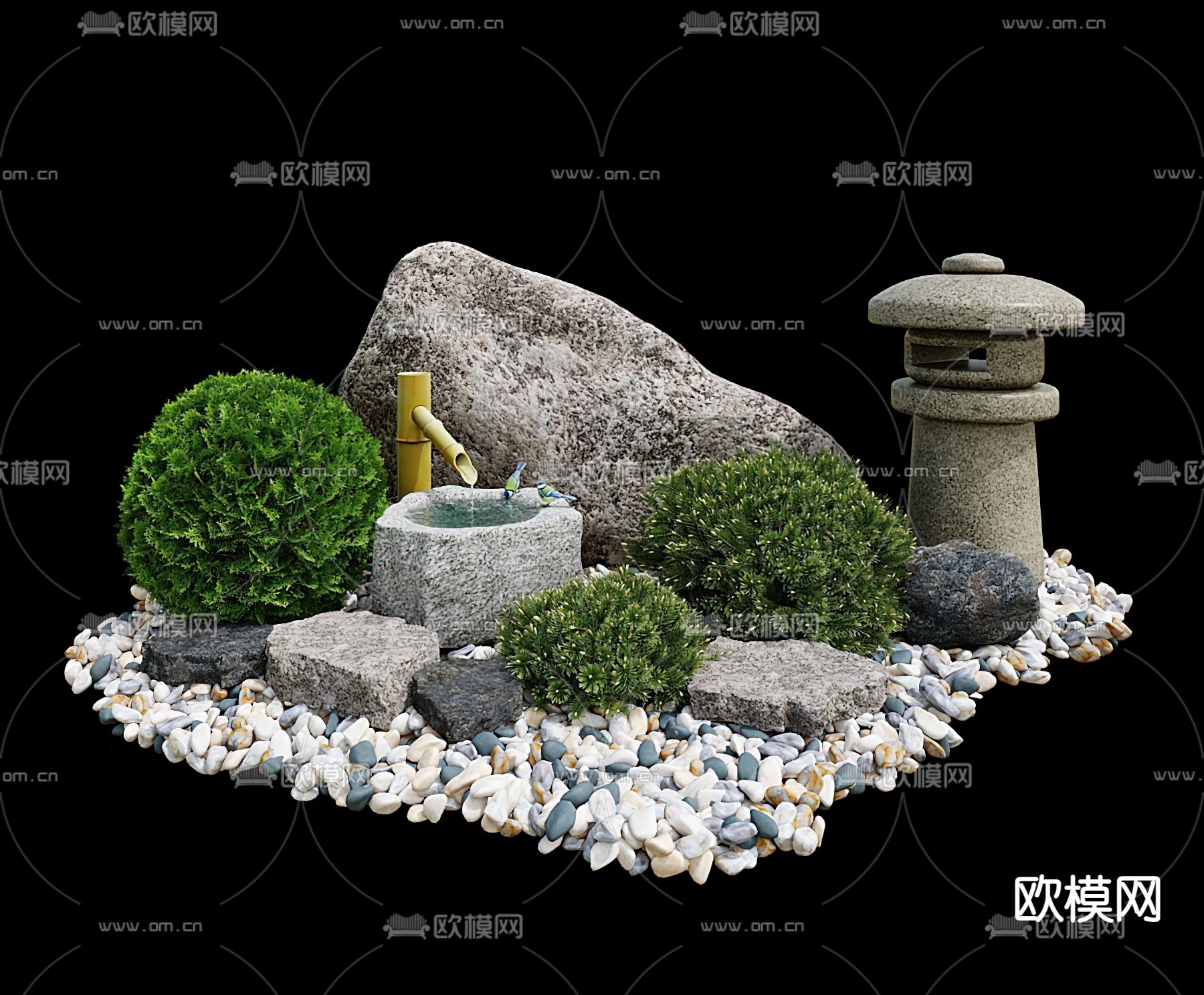 新中式假山水景小品3d模型下载（渲染图2）