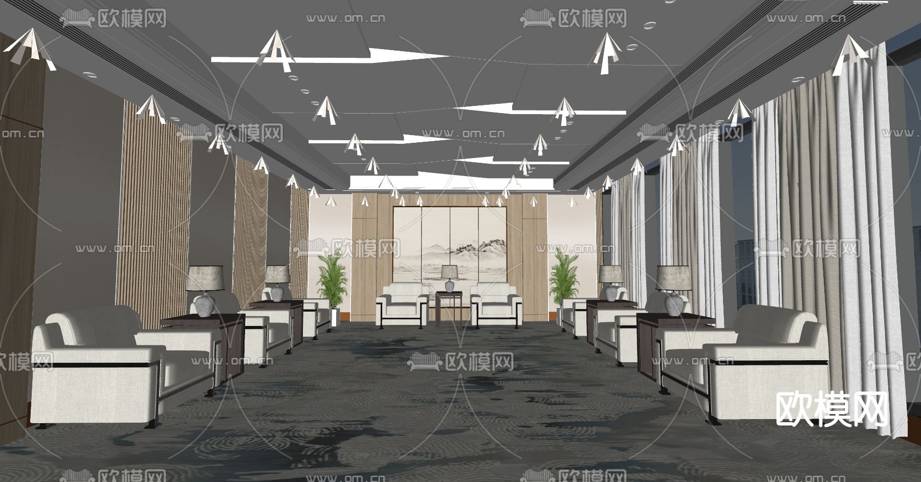 中式贵宾接待室su模型下载（渲染图2）