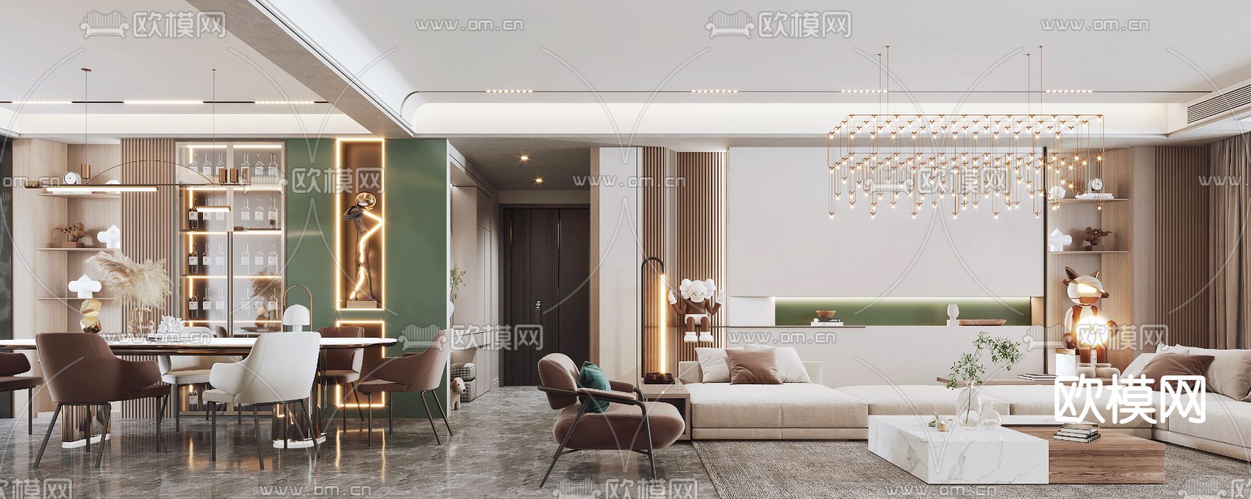 现代客厅餐厅3d模型下载（渲染图3）