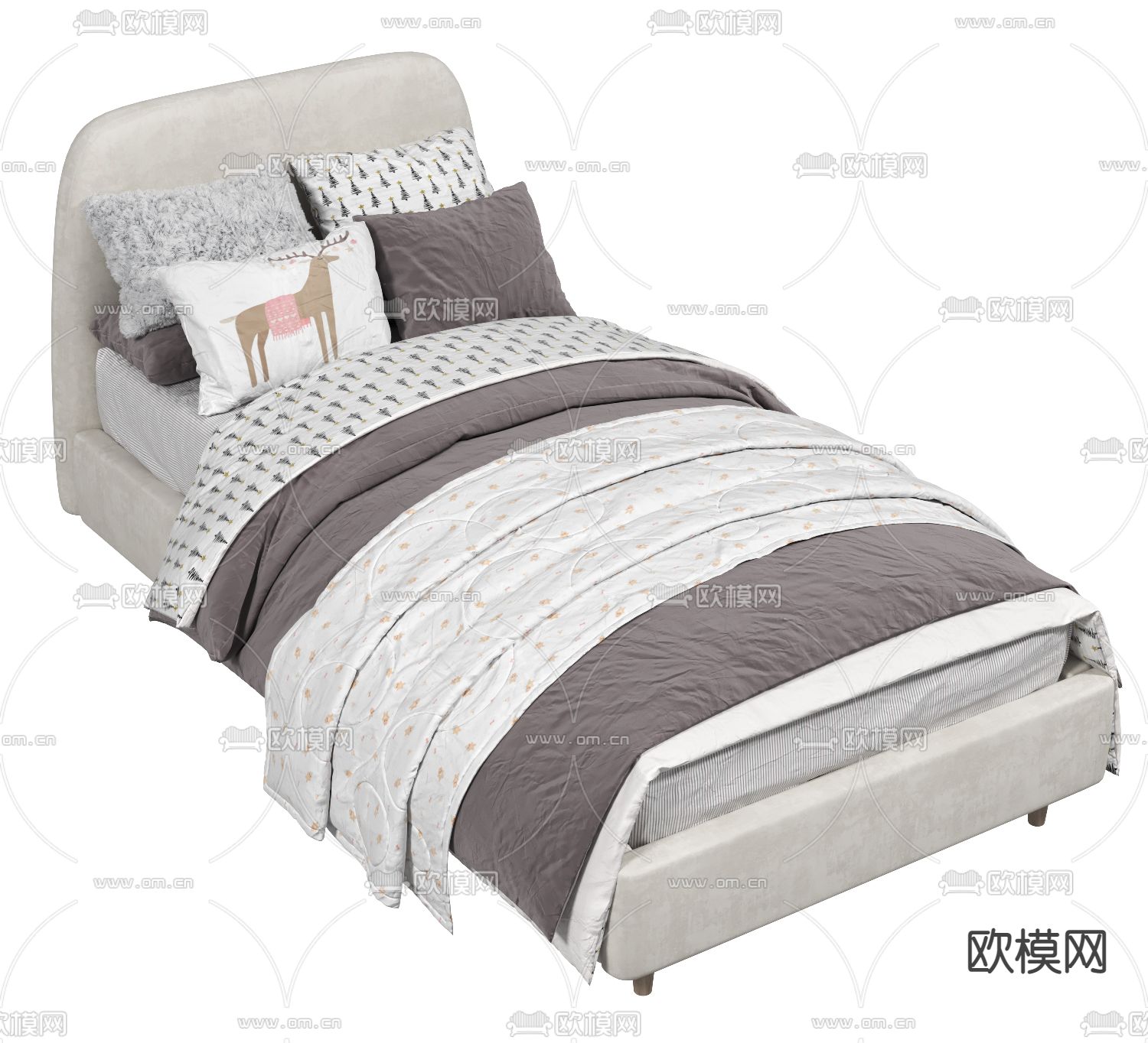 现代布艺单人床3d模型下载（渲染图3）