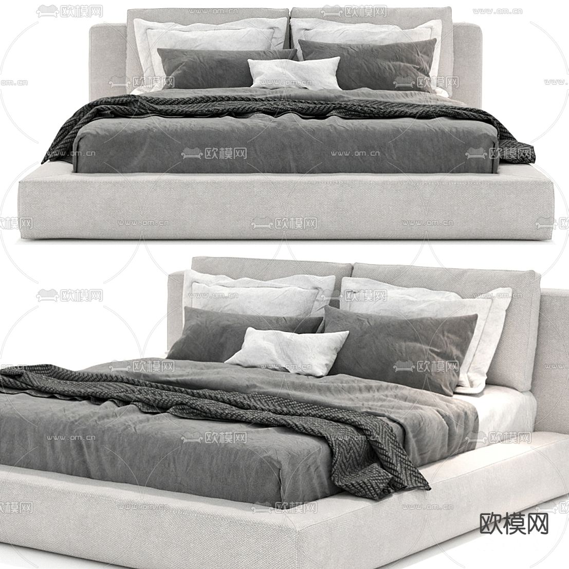 现代布艺双人床免费3d模型下载