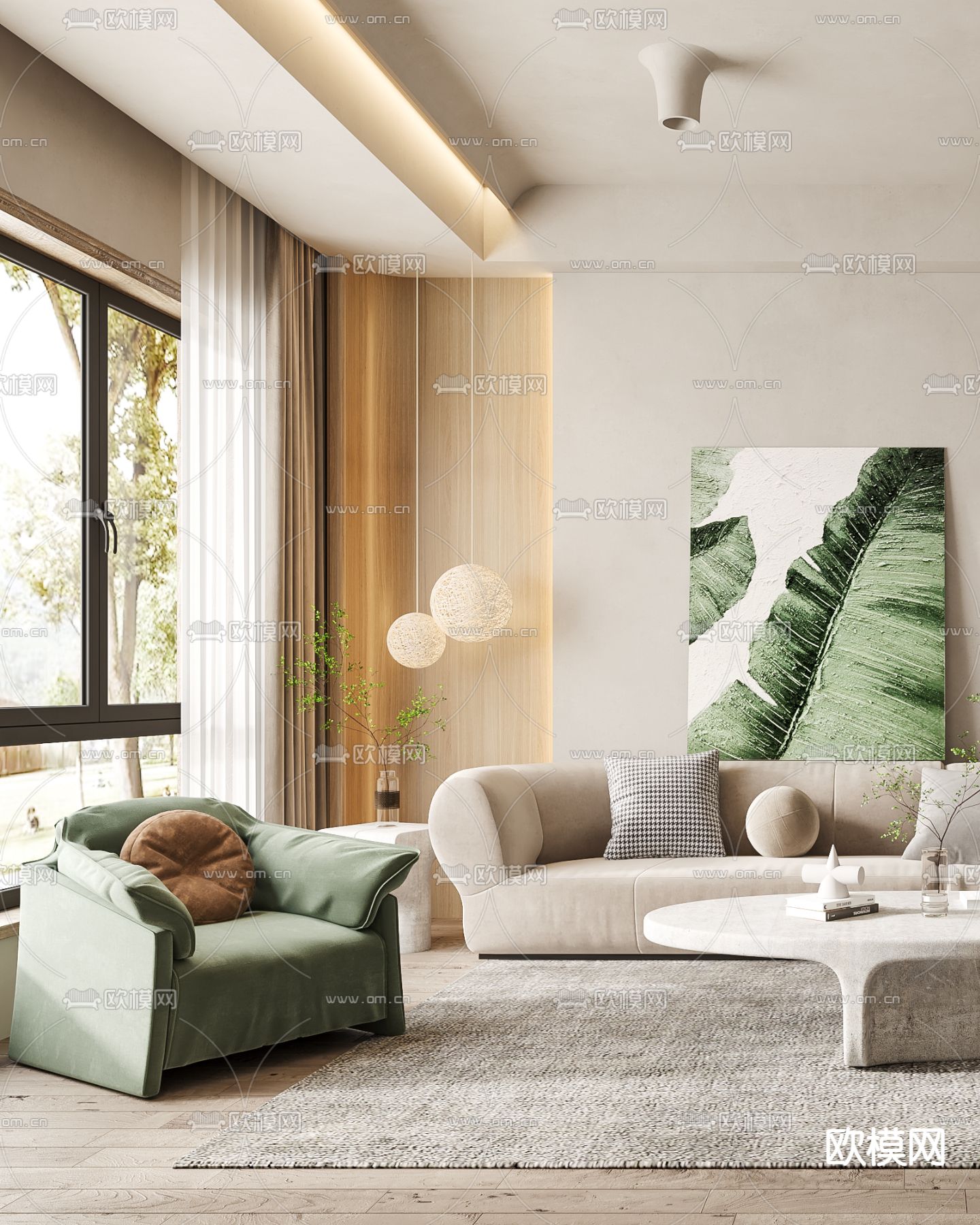 侘寂布艺组合沙发3d模型下载（渲染图2）