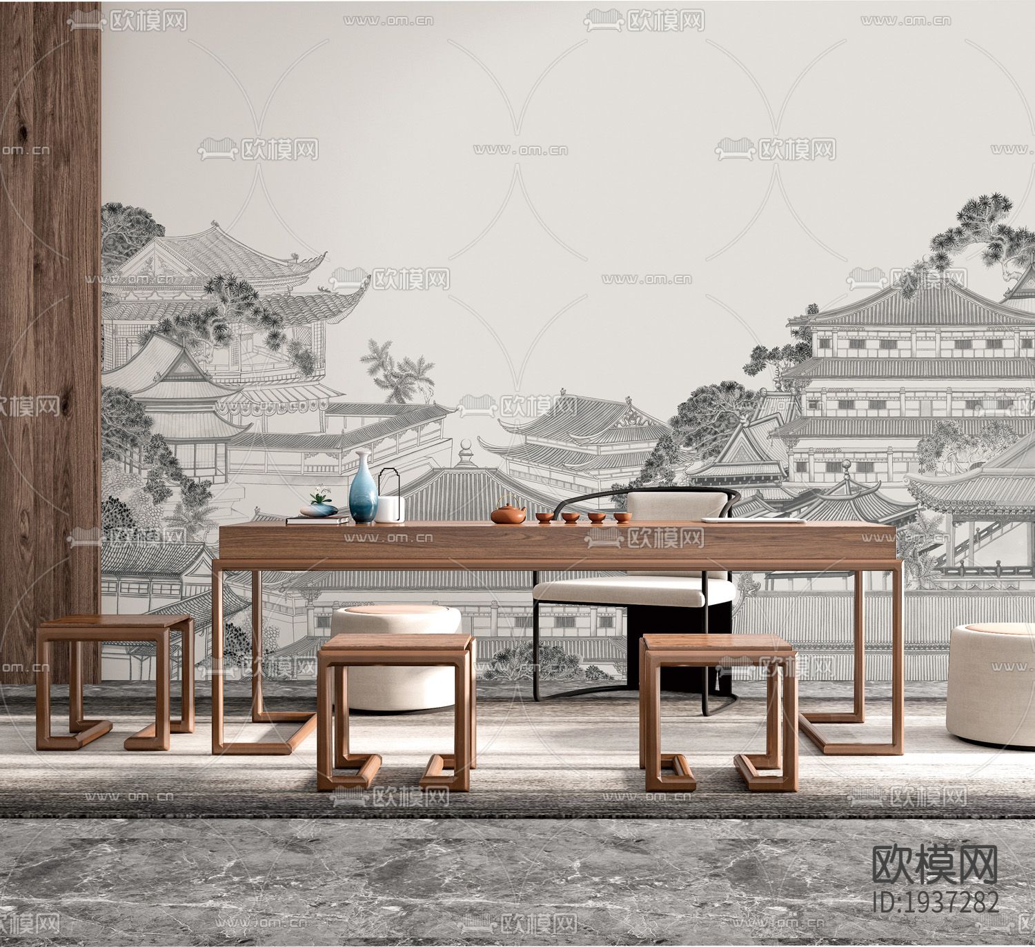 新中式精雕立体墙纸下载（渲染图3）