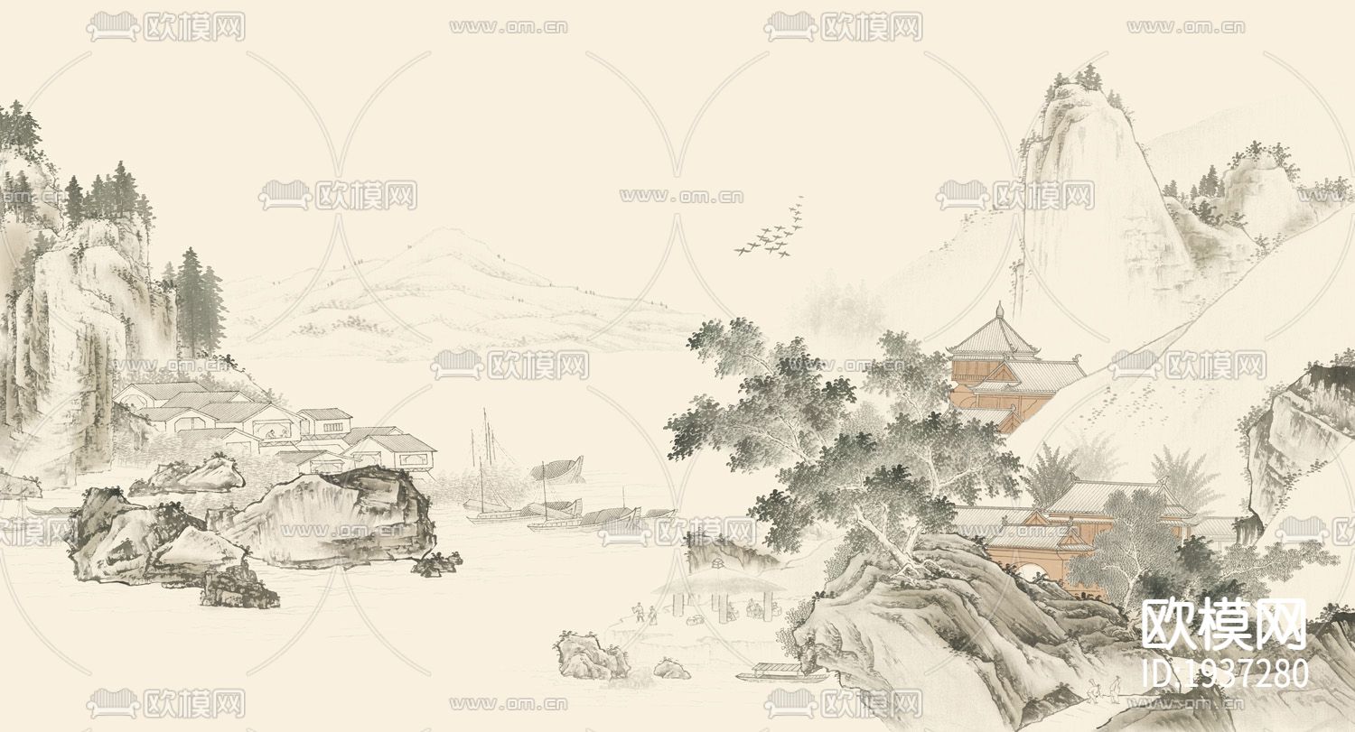 新中式精雕立体墙纸下载（渲染图4）