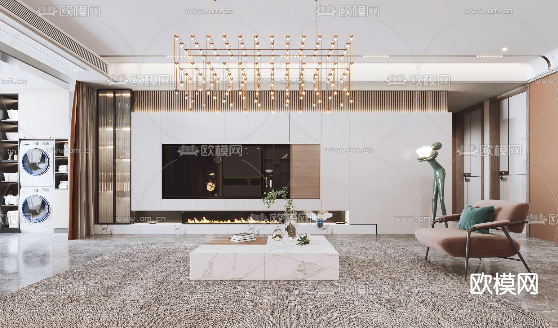 现代客厅餐厅3d模型下载（渲染图2）