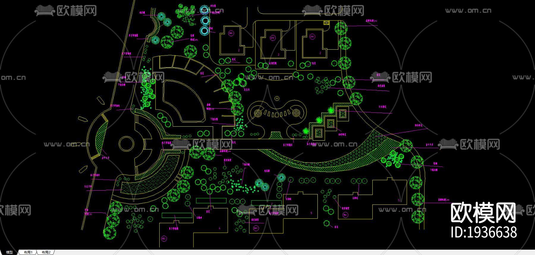 中心绿地cad平面配植图下载（渲染图1）