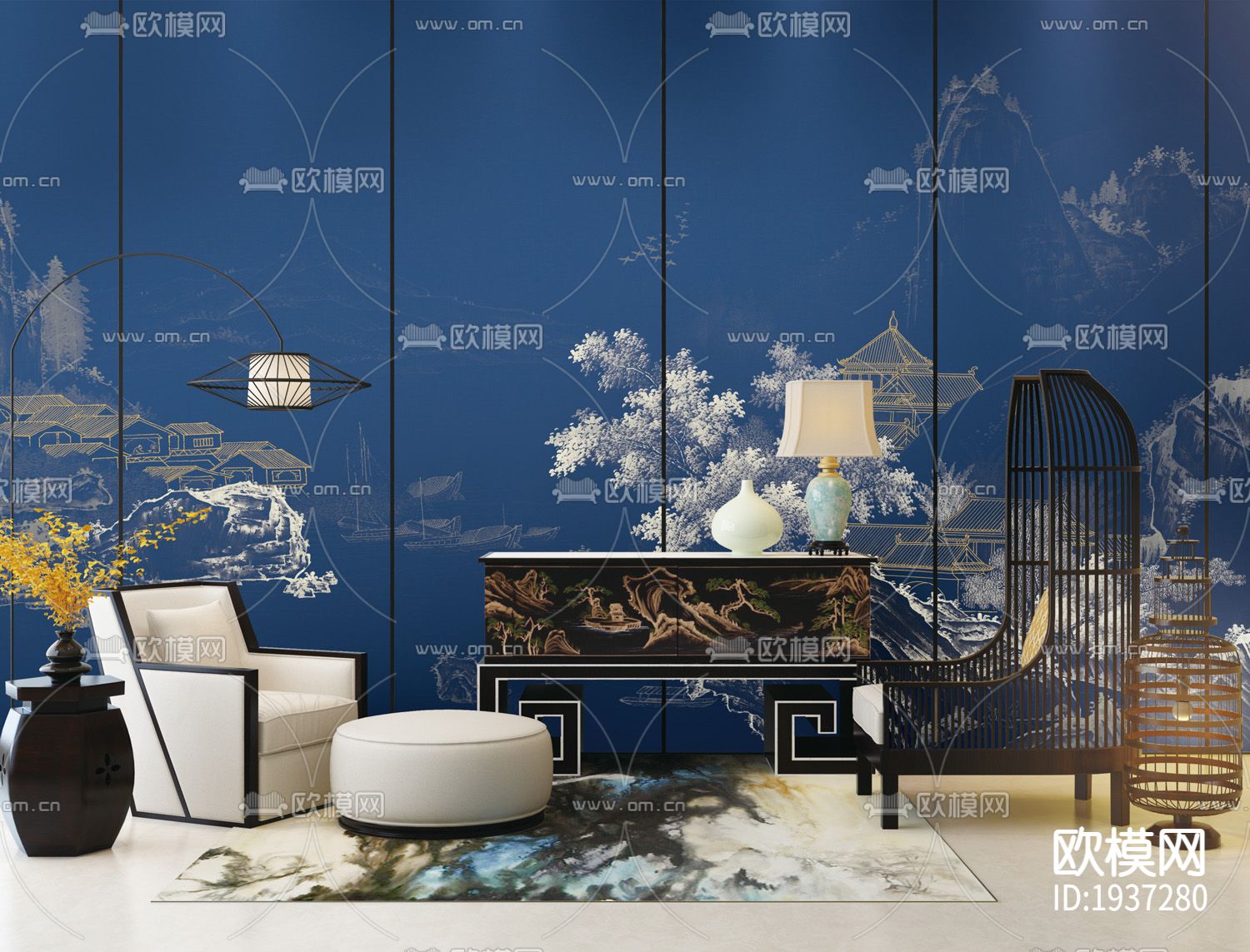 新中式精雕立体墙纸下载（渲染图5）