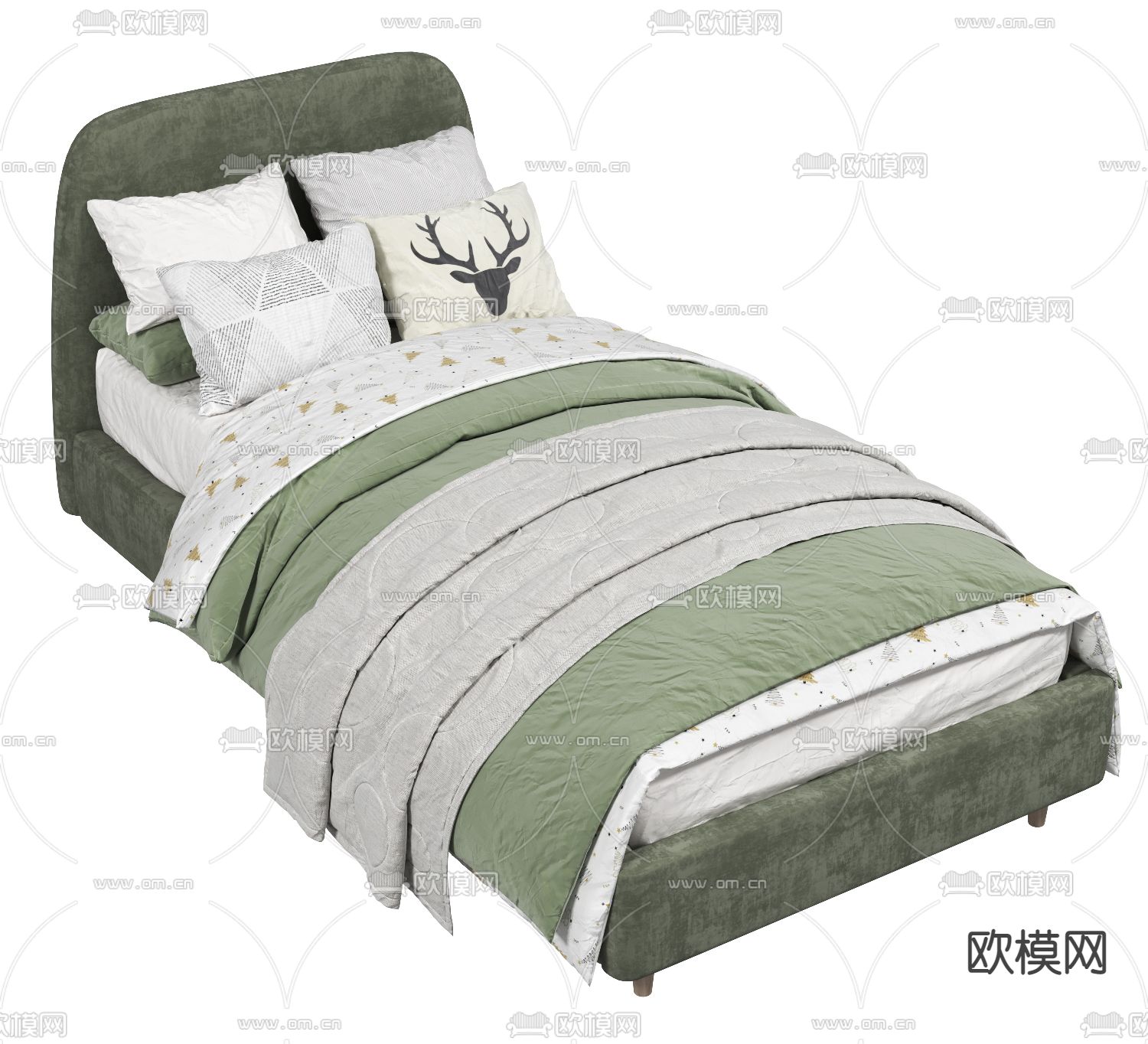 现代布艺单人床3d模型下载（渲染图2）