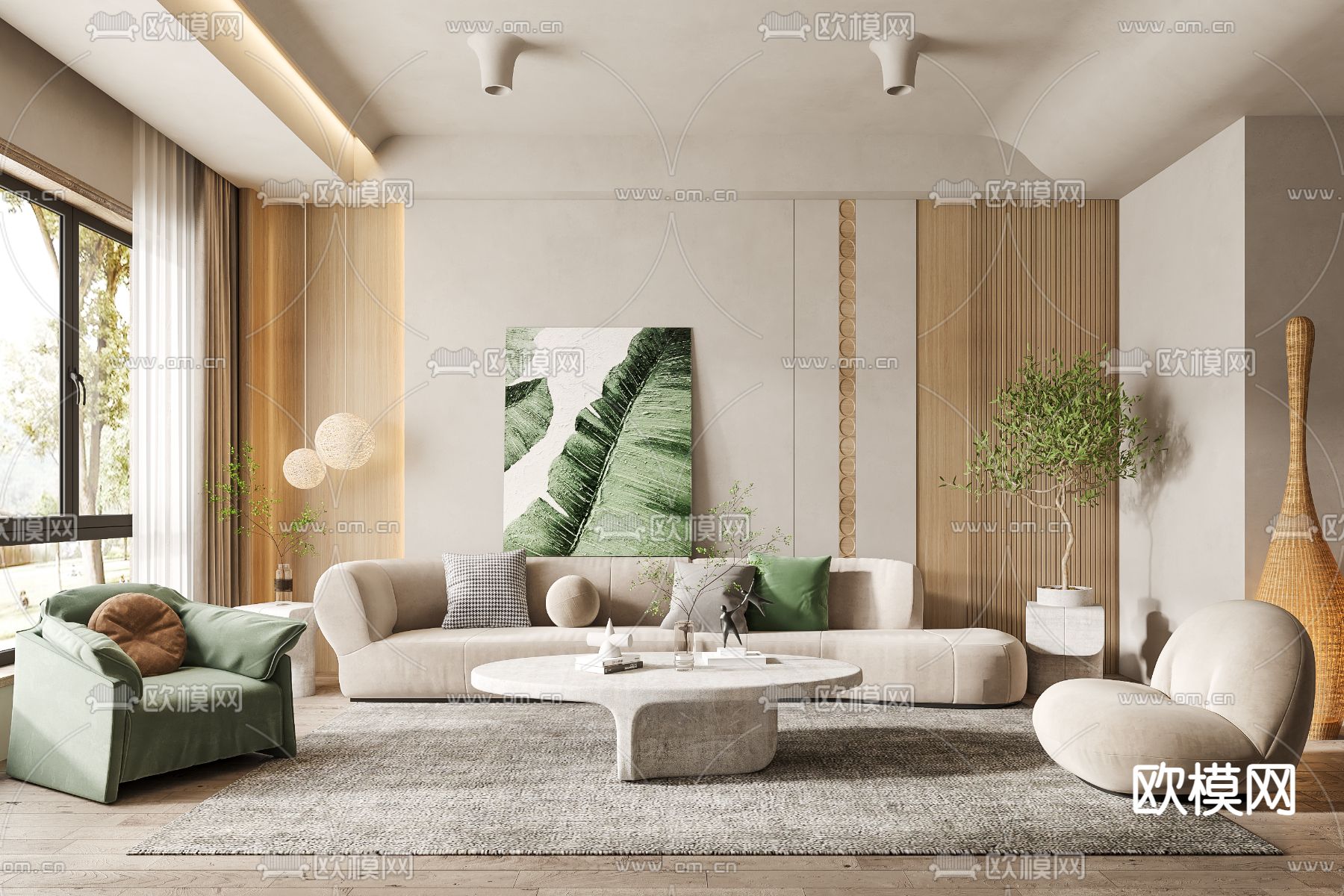 侘寂布艺组合沙发3d模型下载（渲染图1）