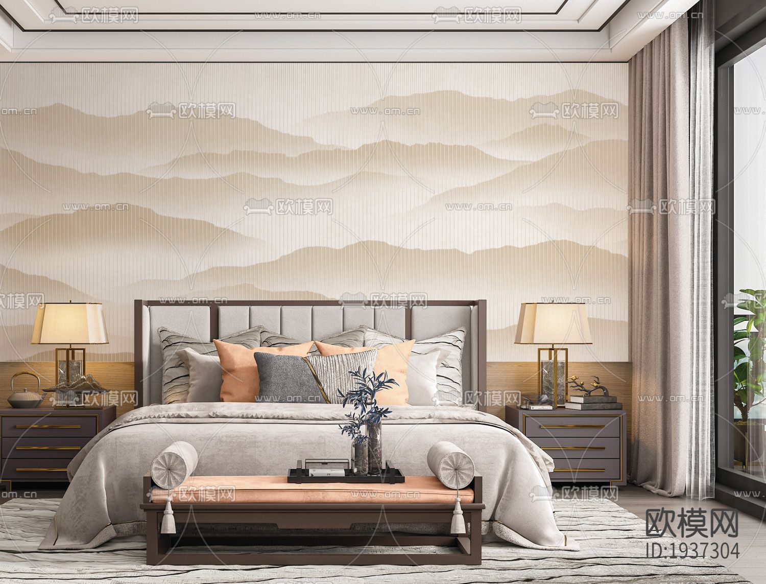 新中式精雕立体墙纸下载（渲染图6）