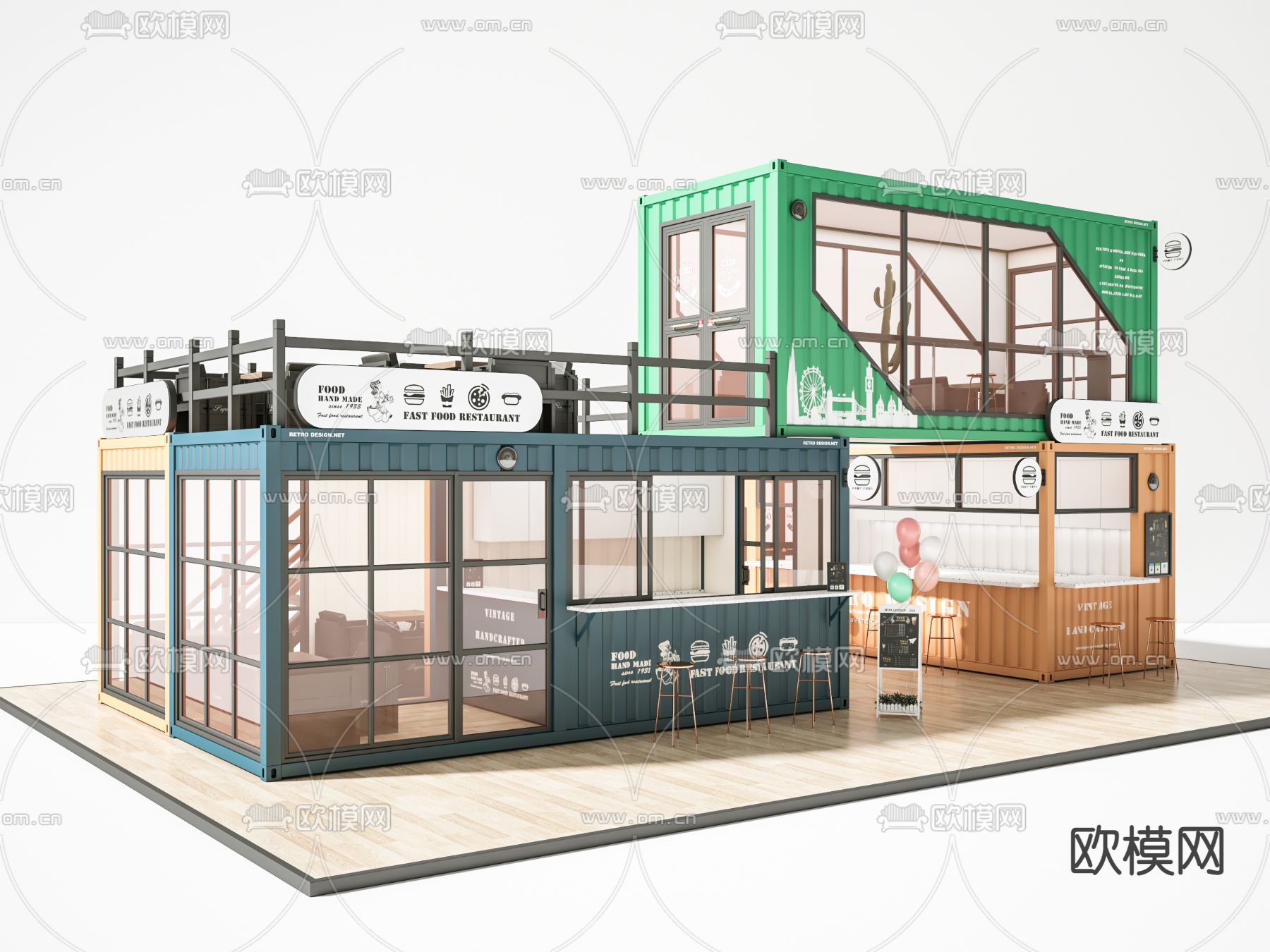 现代集装箱咖啡店su模型下载（渲染图1）