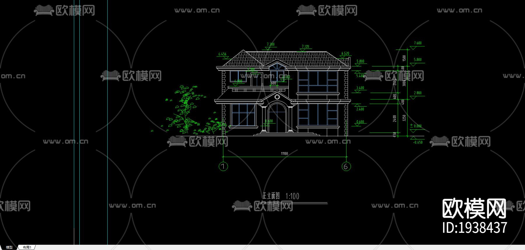 别墅外观cad施工图下载（渲染图2）