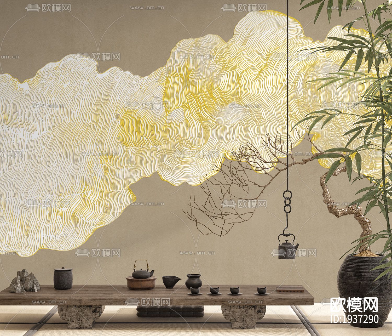 新中式精雕立体墙纸下载（渲染图4）