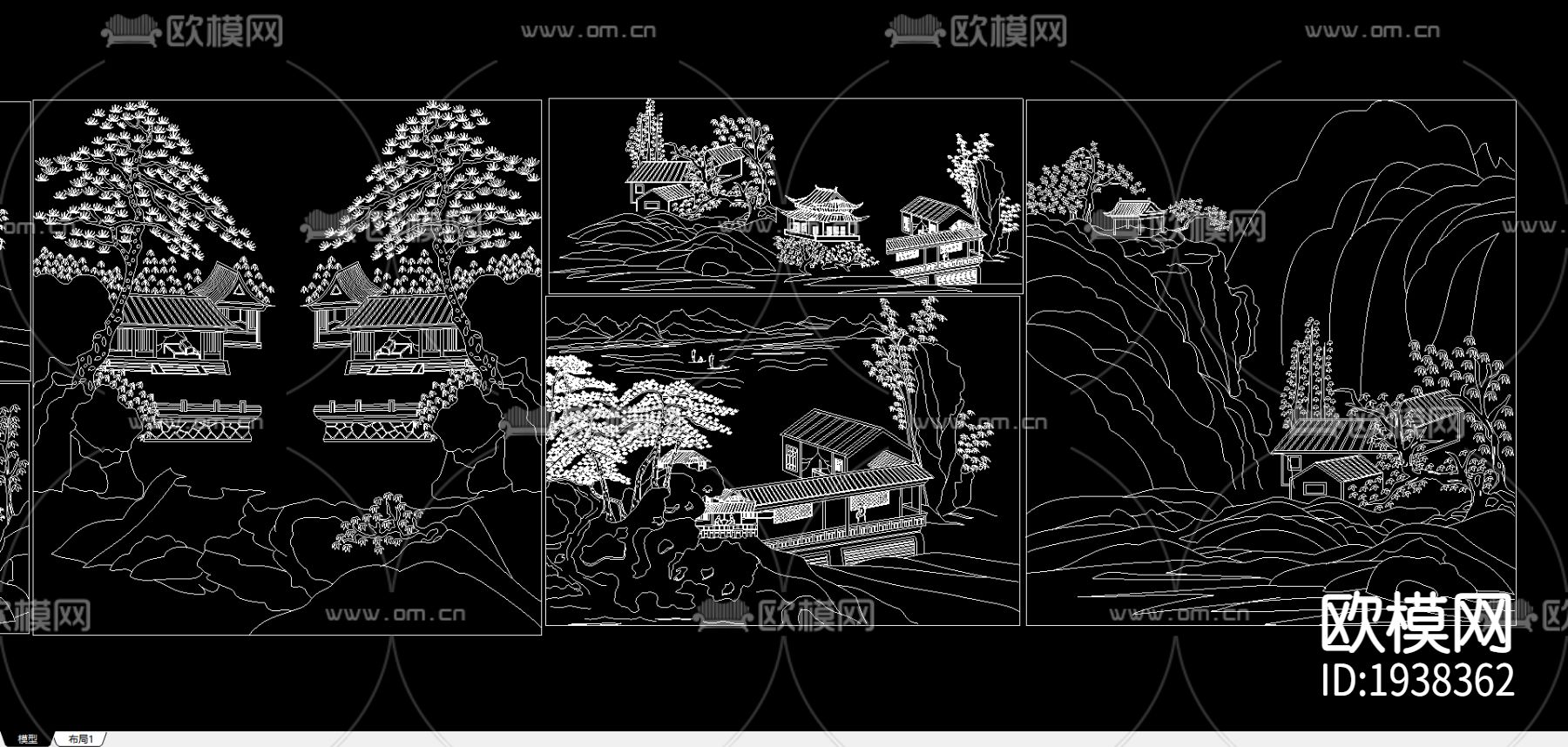 中国山水画风景画cad图库下载（渲染图1）