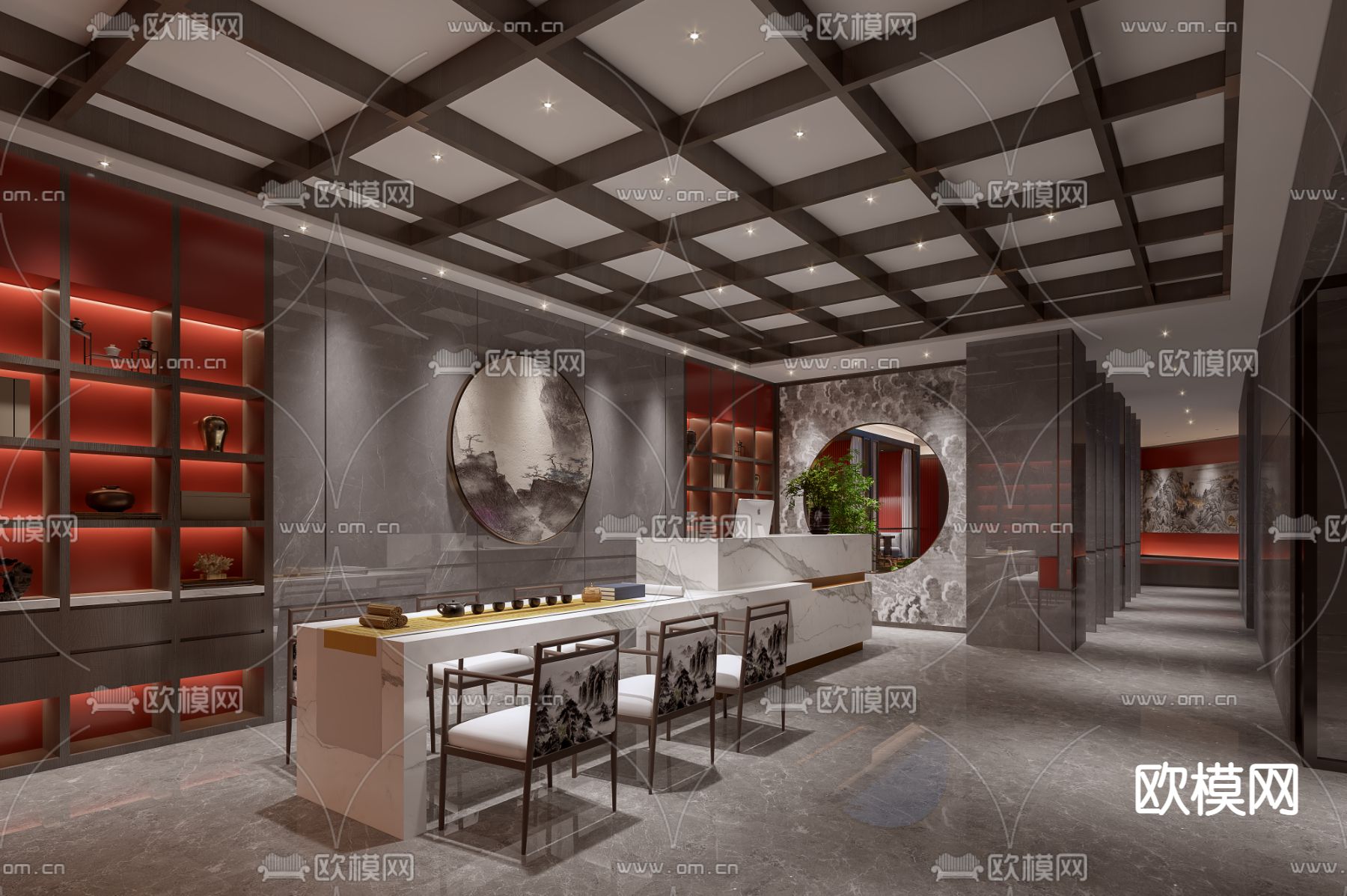 新中式茶楼大厅免费3d模型下载（渲染图1）