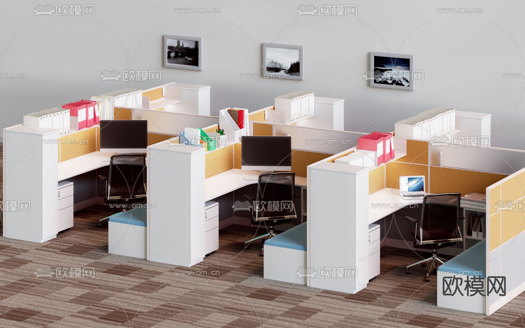 现代办公桌椅屏风卡位3d模型下载（渲染图4）