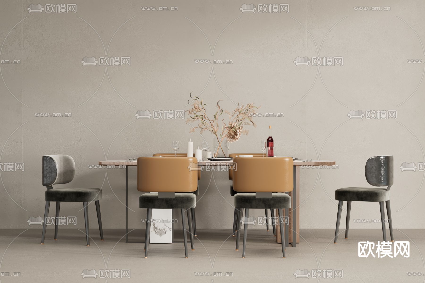 现代大理石餐桌椅3d模型下载（渲染图2）