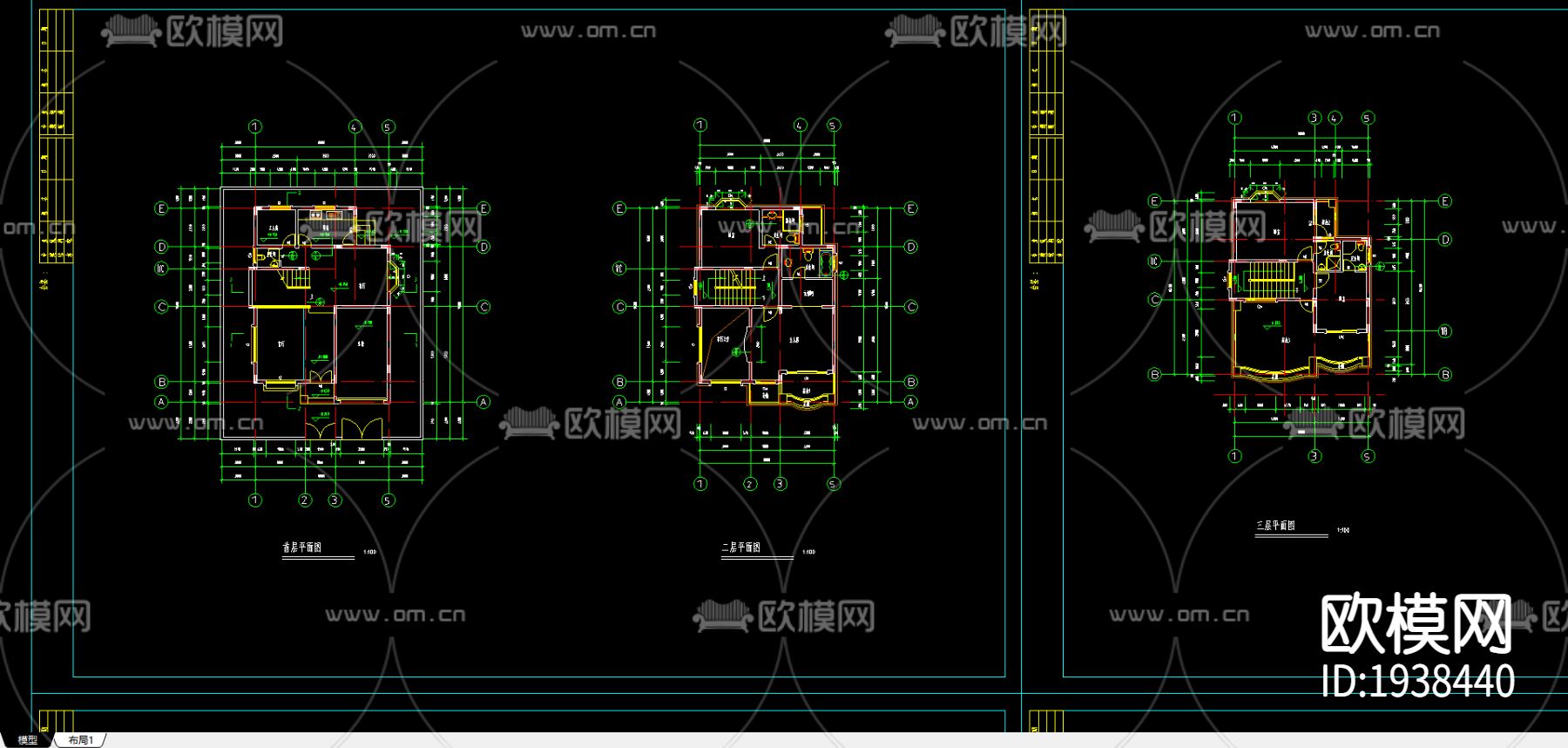 别墅外观cad施工图下载（渲染图1）