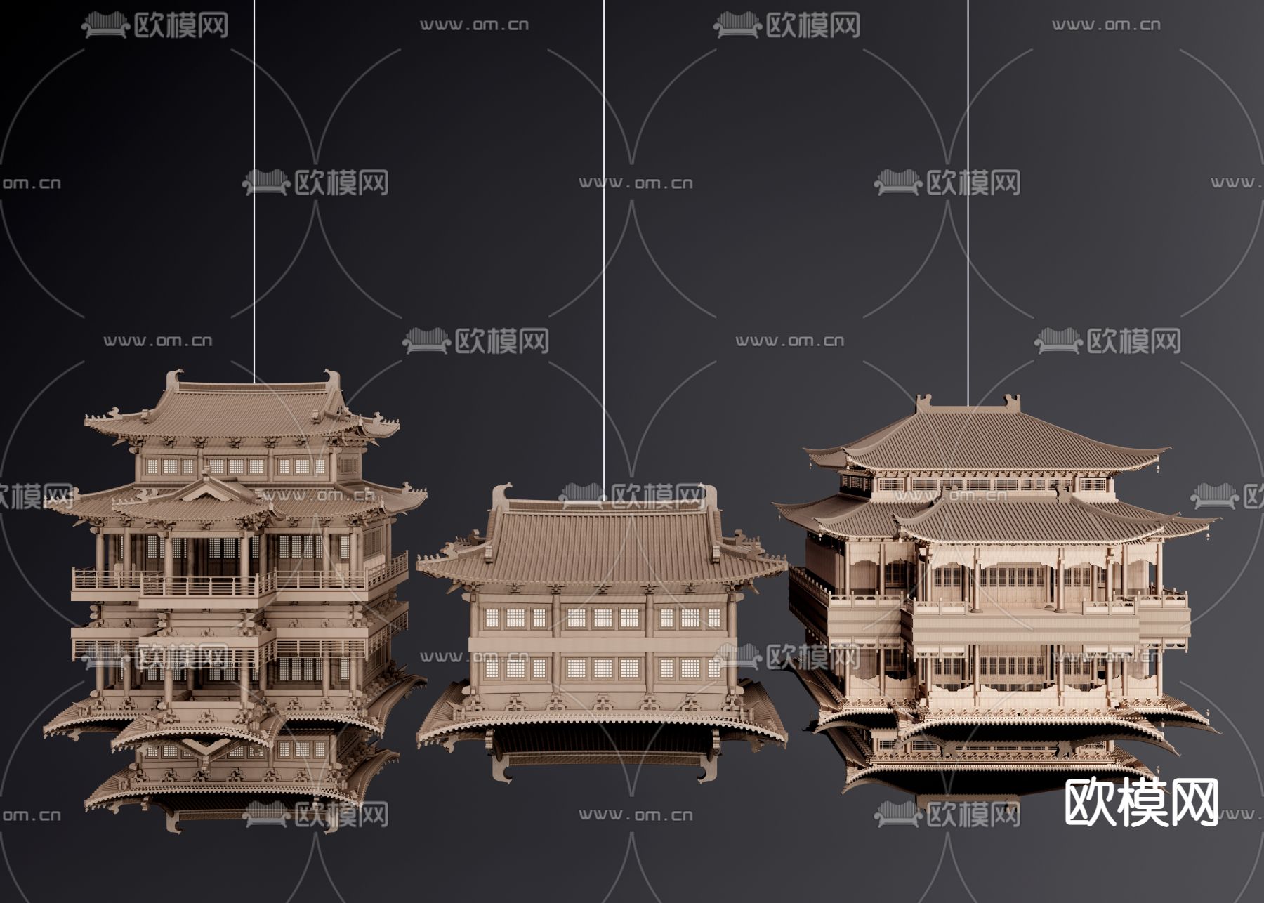 新中式古建筑雕塑悬挂件su模型下载（渲染图1）