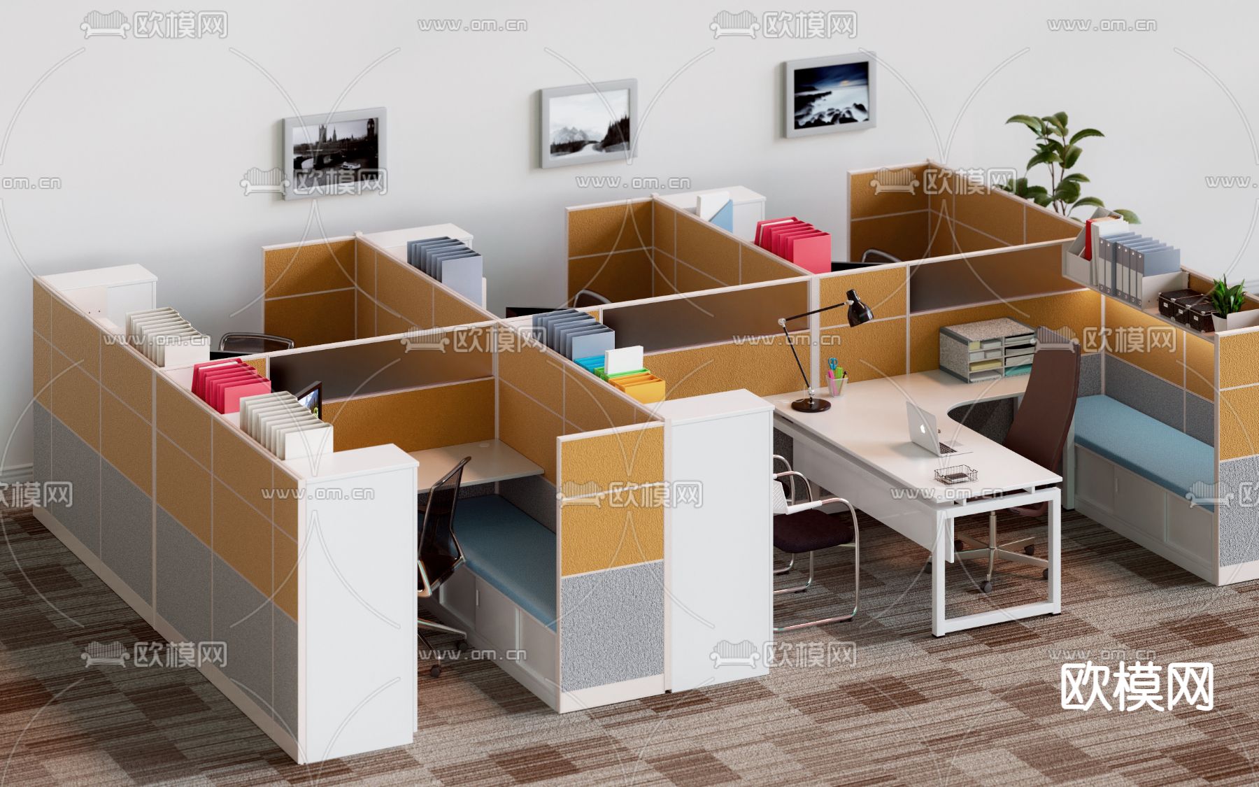 现代办公桌椅屏风卡位3d模型下载（渲染图1）